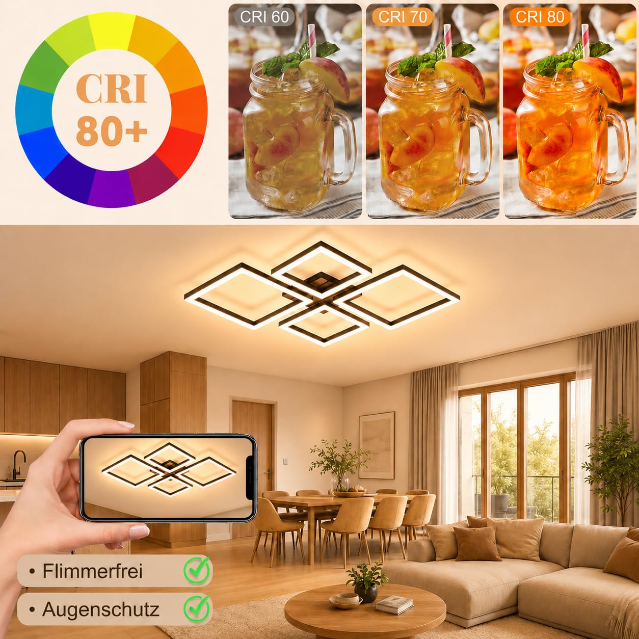 ZMH LED Deckenleuchte Wohnzimmer Deckenlampe 66CM Schwarz Wohnzimmerlampe | Modern Design Schlafzimmer 3000K Warmweiß Schlafzimmerlampe in Holzoptik Deckenbeleuchtung für Küche Esszimmer Arbeitszimmer