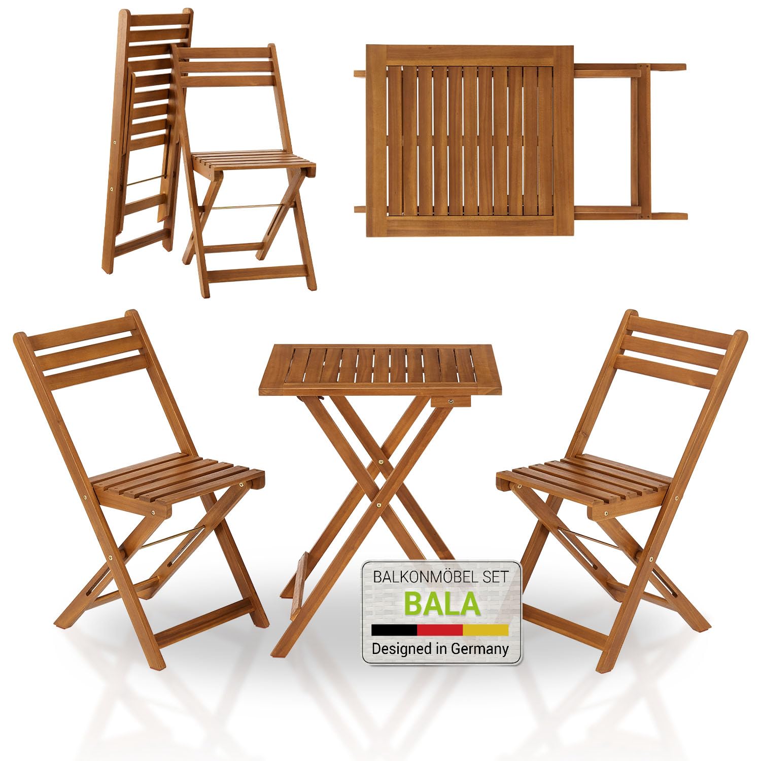 Juskys Balkonmöbel Set Bala - Sitzgruppe 3 teilig aus Holz für 2 Personen, klappbar, platzsparend - Gartenmöbel Tisch Stühle Balkonset Klappstuhl