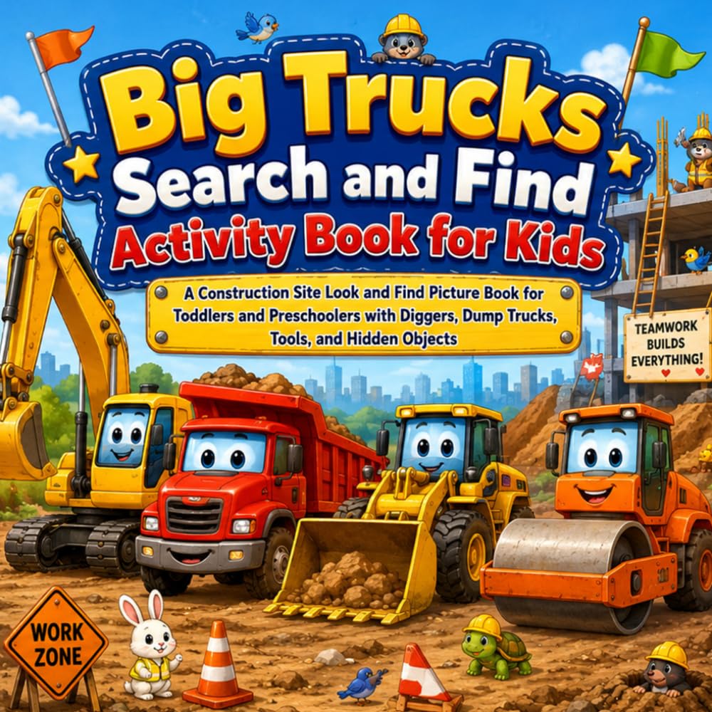 Big Trucks Search and Find Activity Book for Kids: A Construction Site Look and Find Picture Book for Toddlers and Preschoolers with Diggers, Dump Trucks, Tools, and Hidden Objects