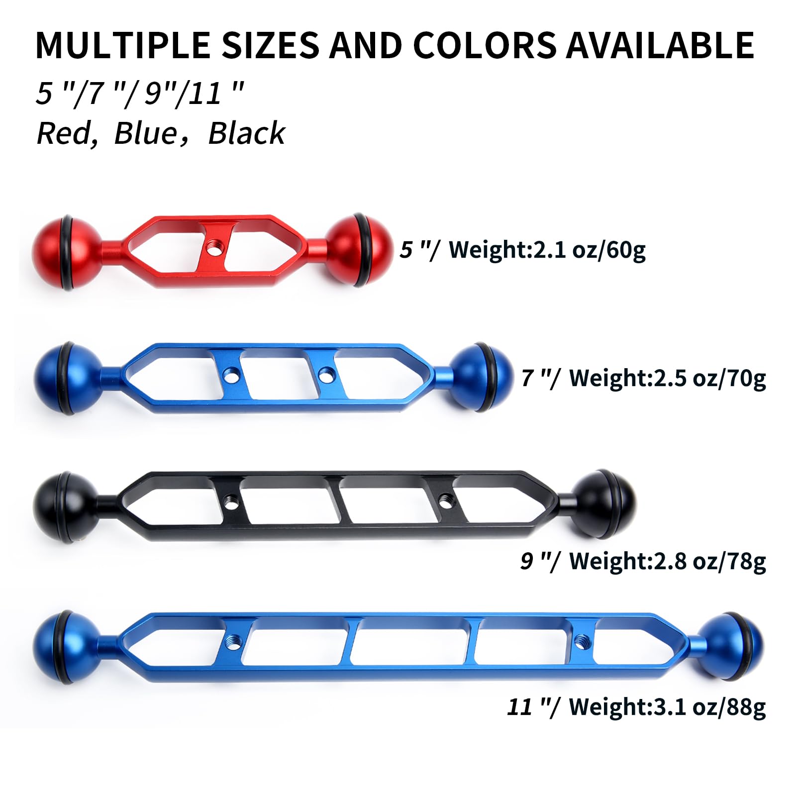Bras d'extension en alliage d'aluminium à double bille 9" connecteur tête à bille 1" sous-marin pour stroboscope lumière vidéo plateau caméra plongée 2pack