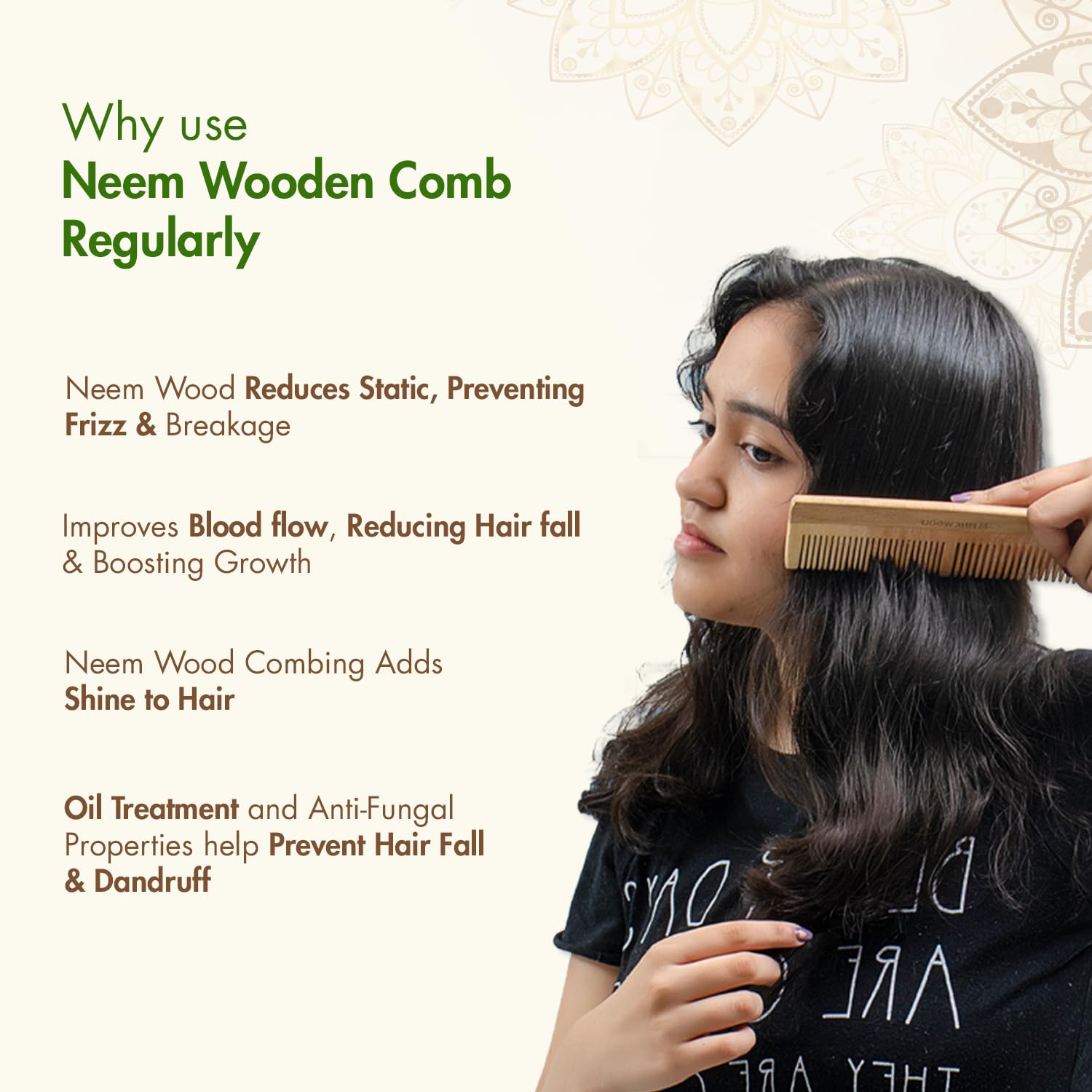 Pink Woolf Neem Wooden Comb for Men | Anti-Static, Wide Tooth Hair Comb for Hair Growth & Beard Grooming | Handcrafted Katchhi Neem Wood Comb for Natural Scalp Care, Smooth Styling & Daily Haircare (DUAL TEETH) 2