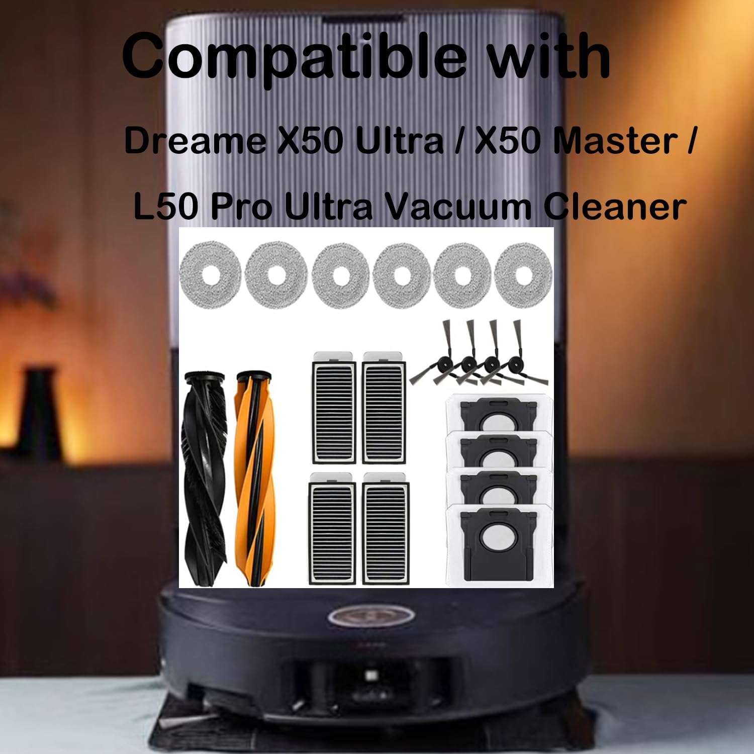 19 Packs Replacement Parts for Dreame X50 Ultra / X50 Master / L50 Pro Ultra Vacuum Cleaner, Replacement Parts Include 1 Main Brush,6 Mop Cloth,4 Hepa Filters,4 Side Brush,4 Dust Bag
