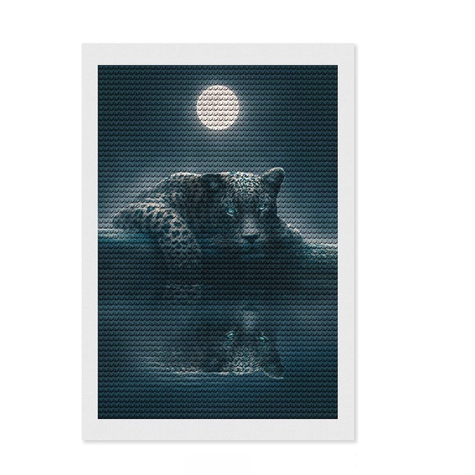 Junmoney Moonlit Jaguar Round Drill Diamond Painting 8"x12", Printed Canvas, Office Decor, for Family Craft Time, Holiday Gift Idea