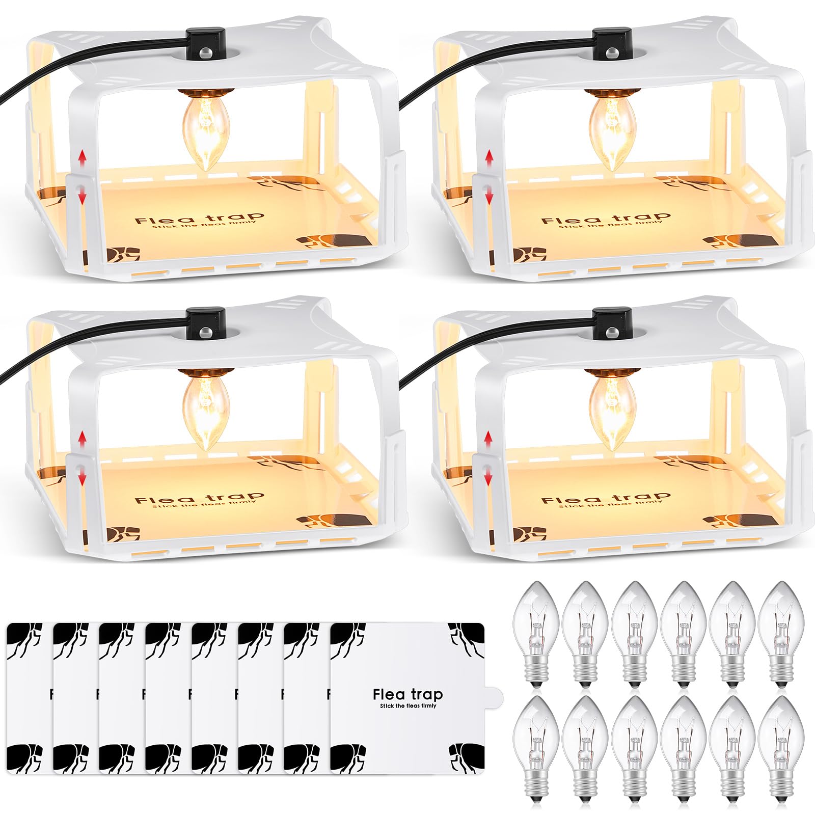 Qualirey 4 Pack Flea Traps with 8 Sticky Disc 12 Bulbs 4 Electric Wires Flea Traps for Inside Your Home Safe Flea Light Trap for Indoor Safe to Pets and Kids