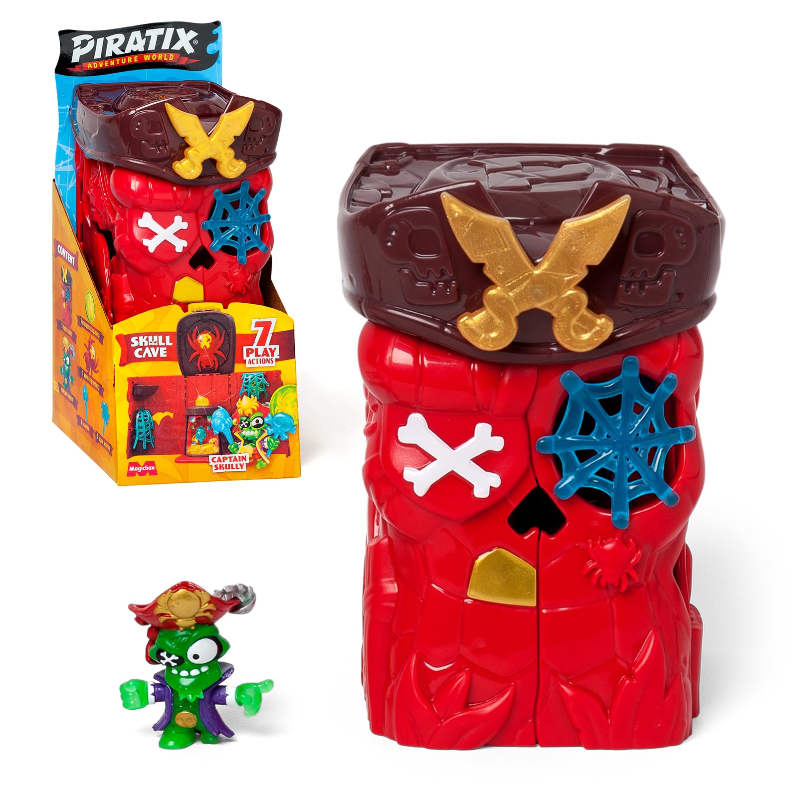 PIRATIX Secret Skull Cave - Secret Cave of Shark Island. Contains 1 Skull Cave, 1 exclusive Piratix, 2 ‘crystal’ accessories (1 weapon and 1 sceptre), 1 spider and 1 exclusive treasure.