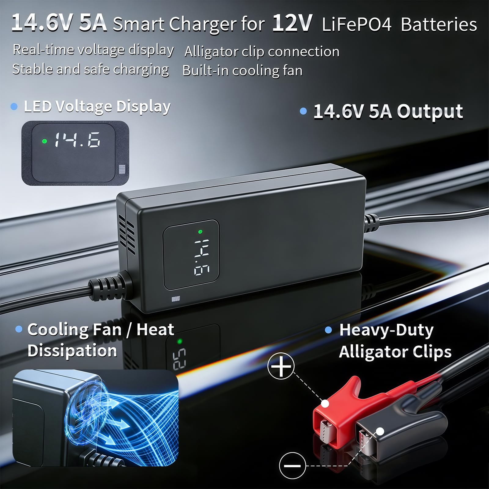 LiFePO4 Ladegerät 14,6V 5A mit Krokodilklemmen - 12V Lithium Akku mit LED Display