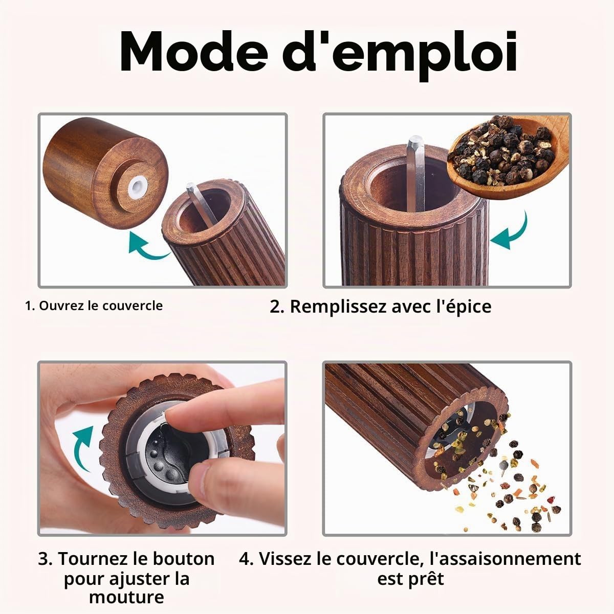 Moulin à Sel et à Poivre en Bois d’Acacia avec Broyeur Céramique | Moulin Manuel avec Design Antidérapant et Couvercles S&P, 16,5 cm (Avce Plateau)