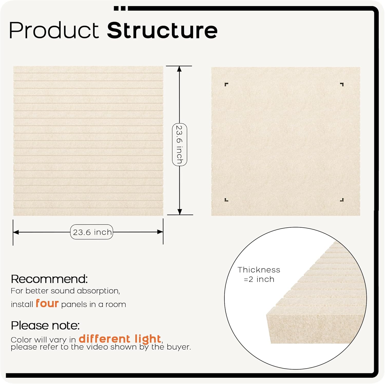 BUBOS Acoustic Wall Panels, 2-Pack 23.6 x 23.6 x 2 Inch Decorative Soundproof Panels, Dual-Mount Noise Reduction Wall Decor for Studio, Office & Home Theater (Sona Block Beige, 23.6 * 23.6 Inches)