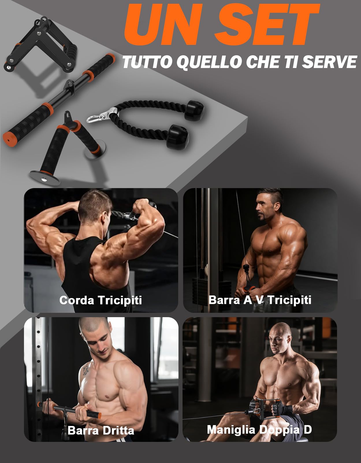 Fitarc Set Accessori Lat Machine 4 Pezzi, Accessori Palestra per Cavi, Impugnature Antiscivolo, per Allenamento Schiena, Bicipiti e Tricipiti, Uso Casa e Palestra, Arancione