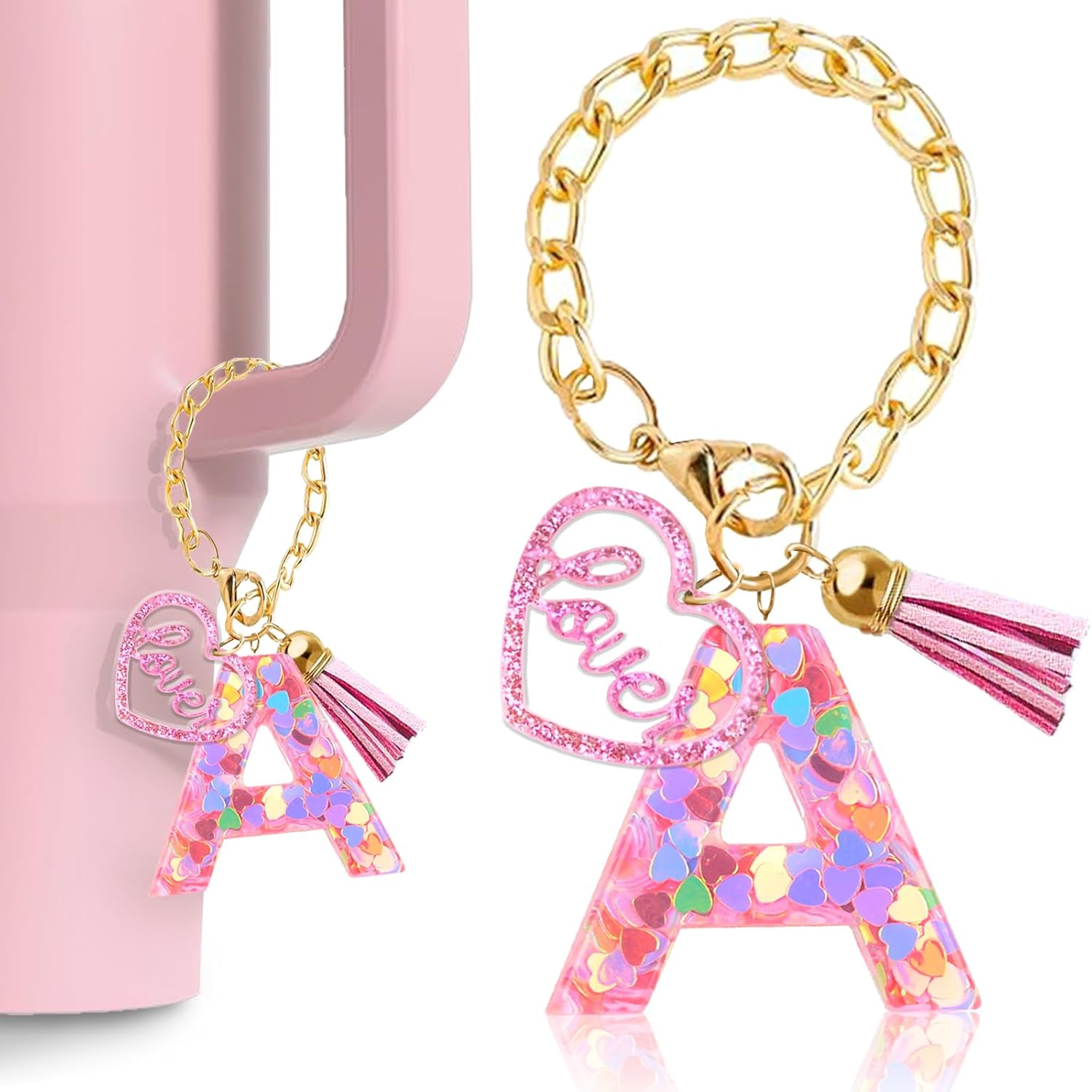 Letter Charm Accessories for Stanley Cup, Cute Initial Letter Keychain Handle Charm with Love for Stanley Tumbler