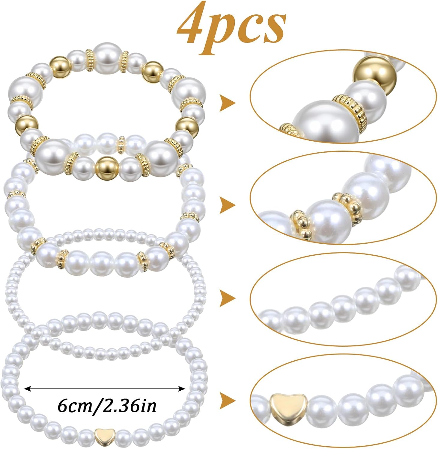 Pearl Bracelets for Women, 4 PCS Chunky Simulated Pearl Bracelet Stack, Stackable Stretch Bracelets Multilayered Beaded Ball Pearls Bangles Pearls Accessories for Women Bridal Wedding Jewelry - Image 2