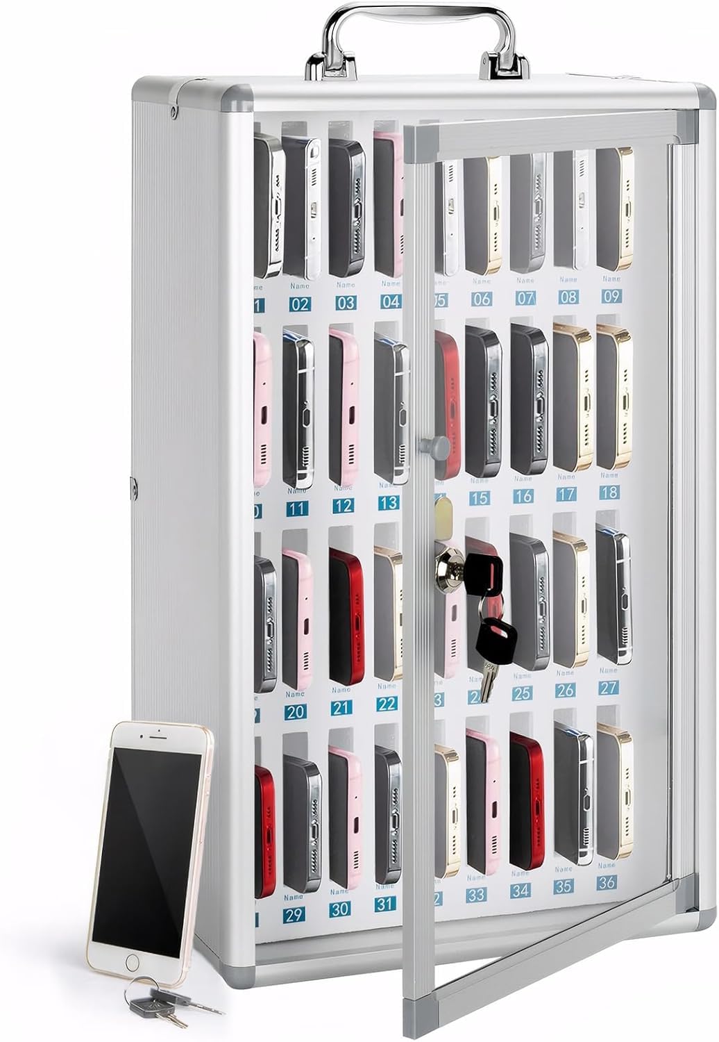 36 Slots Cell Phone Locker Aluminum Alloy Pocket Chart Cell Phones Storage Cabinet Cell Phone Holder Classroom Wall Mounted Cell Phone Storage Box with Handle for Classroom Office Gym-picture-10