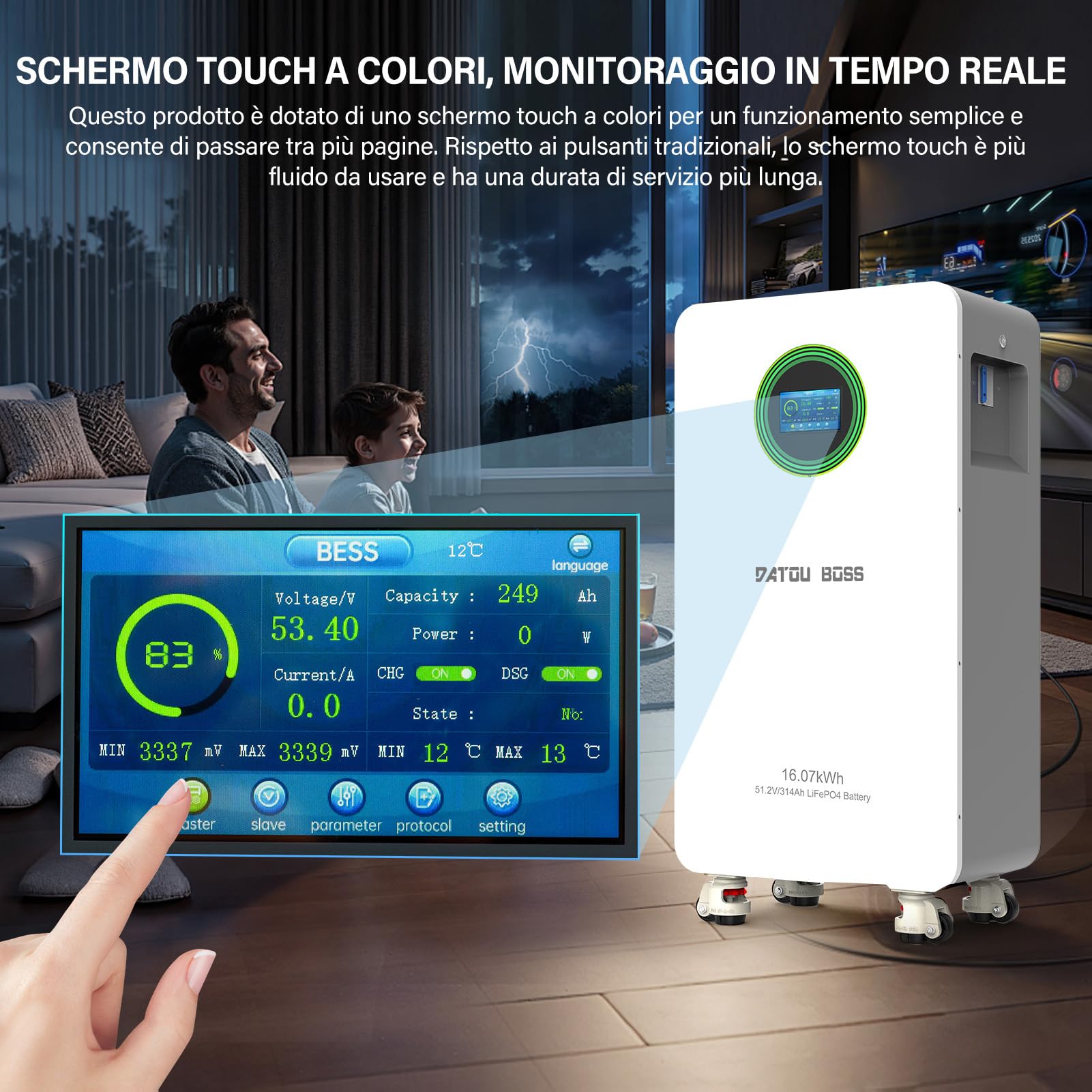 DATOUBOSS Batteria LiFePO4 48V 314Ah 16,07kWh Ciclo Profondo, BMS 200A Integrato Schermo LCD, RS485/CAN, Accumulo Solare per Casa, Impianti Solari, Camper Off-Grid