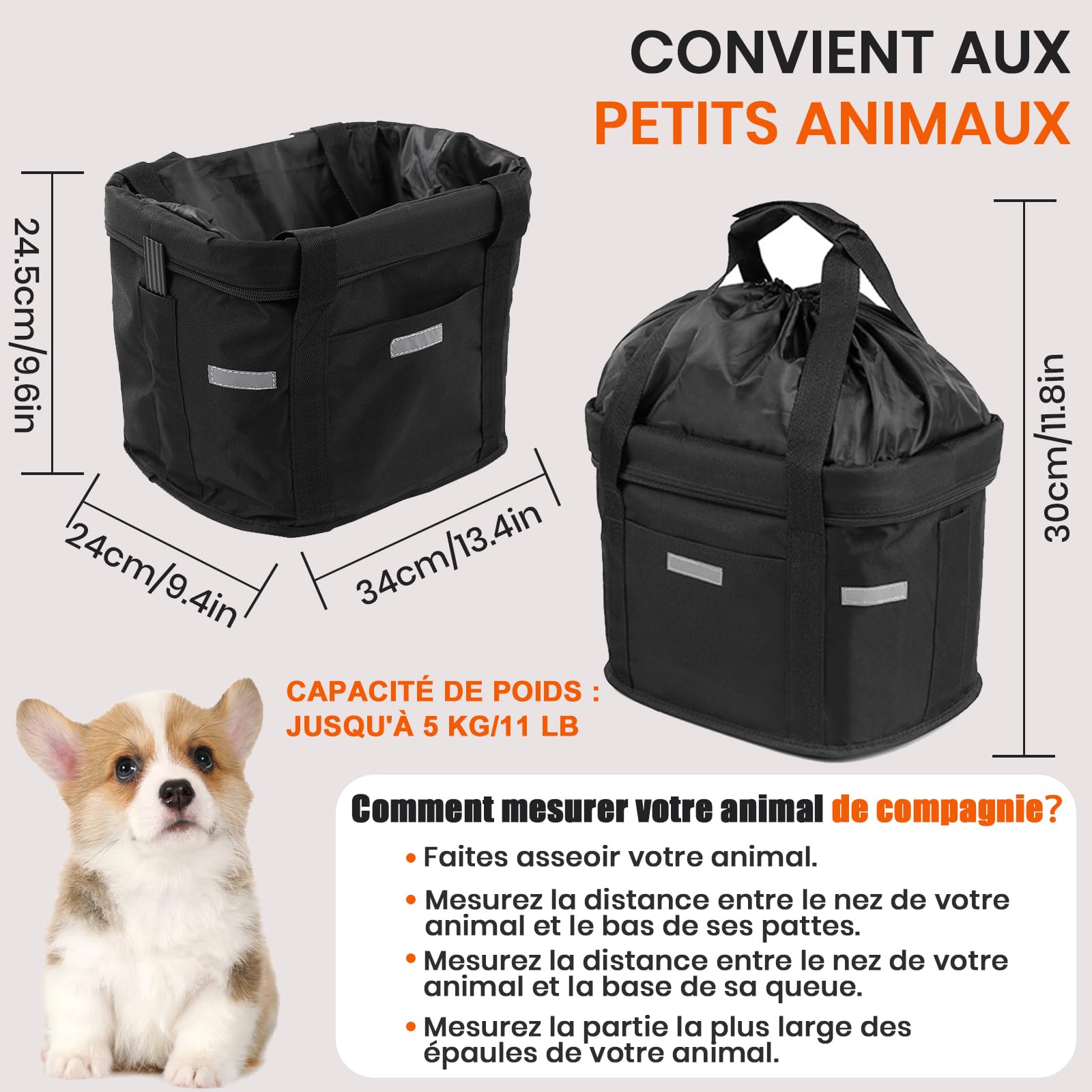 Panier vélo Pliant, Amovible Vélo Guidon Panier, Sacoche Avant de Bicyclette, Panier de Vélopour VTT, Pique-Nique, Shopping, Petit Animal Domestique (Noir)