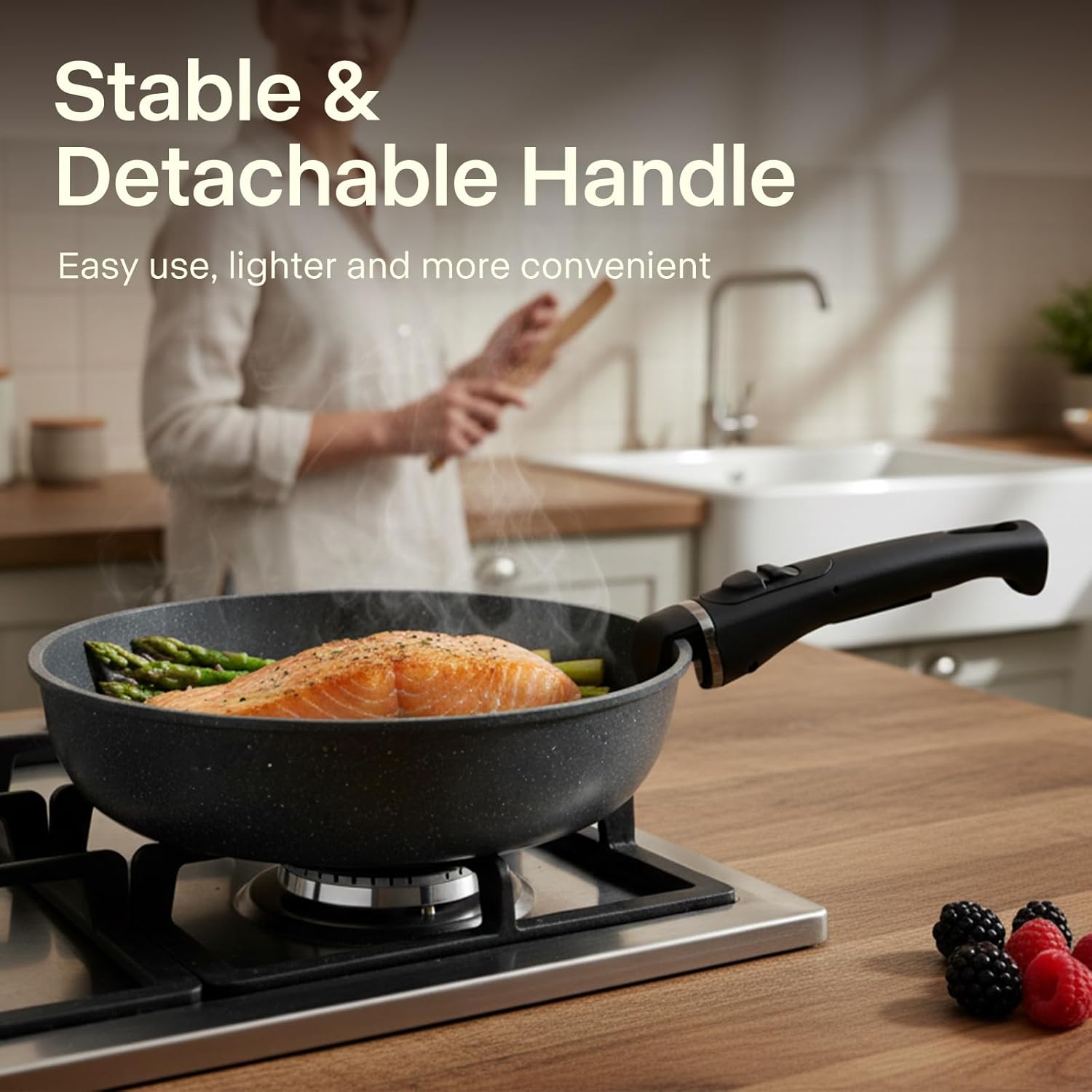 Pots and Pans Set Non Stick, Ceramic Cookware Sets 21 PCS, Granite Induction RV Kitchen Portable Stackable Cooking Set Removable Handles, Dishwasher ＆ Oven Safe, Black