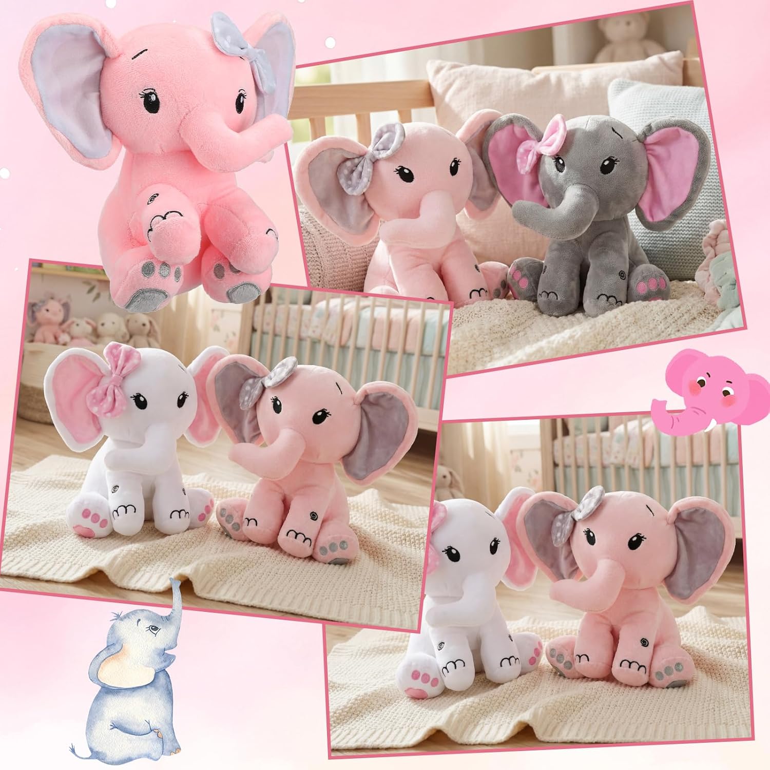 HyDren 12 Elephant Stuffed Animals 8 Inch Big Ear Stuffed Elephant Animal Plush Toy Gift for Baby Shower Boys Girl, Nursery Bed Decor Birthday Party Supplies (Pink)