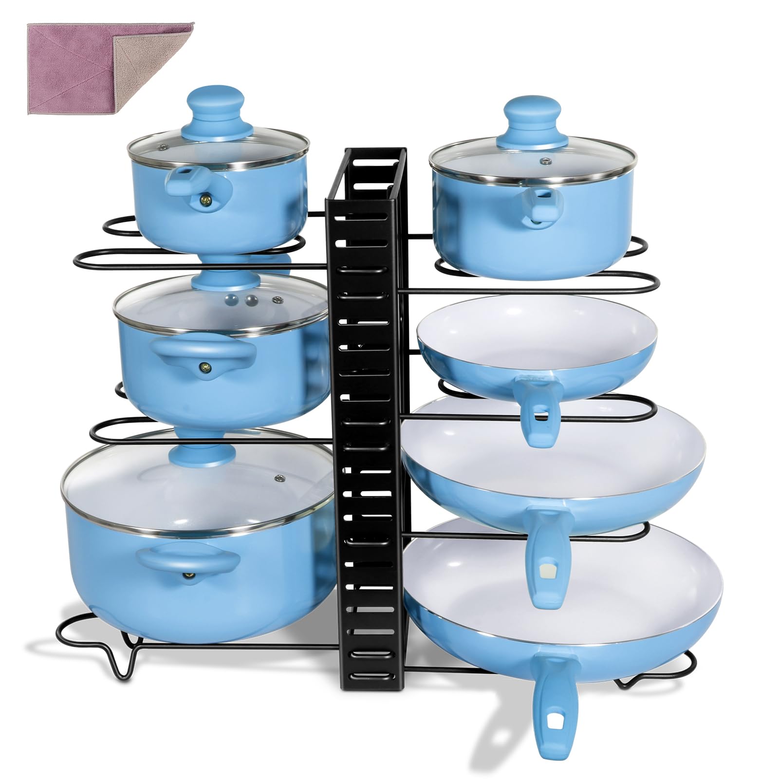 OZD Pots and Pans Organiser, Expandable Pan Organiser for Cupboard with 8 Adjustable Dividers, Pan Lid Holder Rack for Kitchen Cabinet Pantry With 3 DIY Methods, Send 1 Cleaning Cloth
