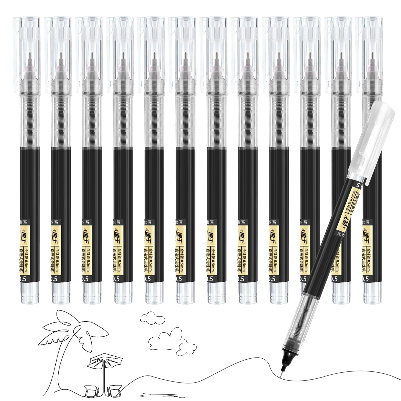 VducK Gel Pens, 12 Pcs Black Ink, 0.5mm Quick-Drying Liquid Ink Rollerball for Journaling Writing, Office School Stationary Supplies