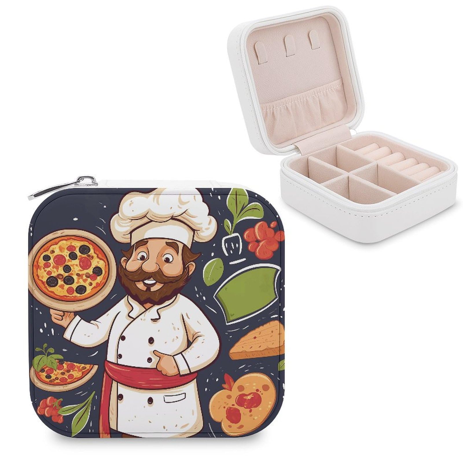 FekiLoot Chef Pizza Jewelry Box Custom Jewelry Travel Case Pu Leather Trinket Organizer Box to Organize Ring Pendant Earring Small Portable Jewelry Storage Holder for Women