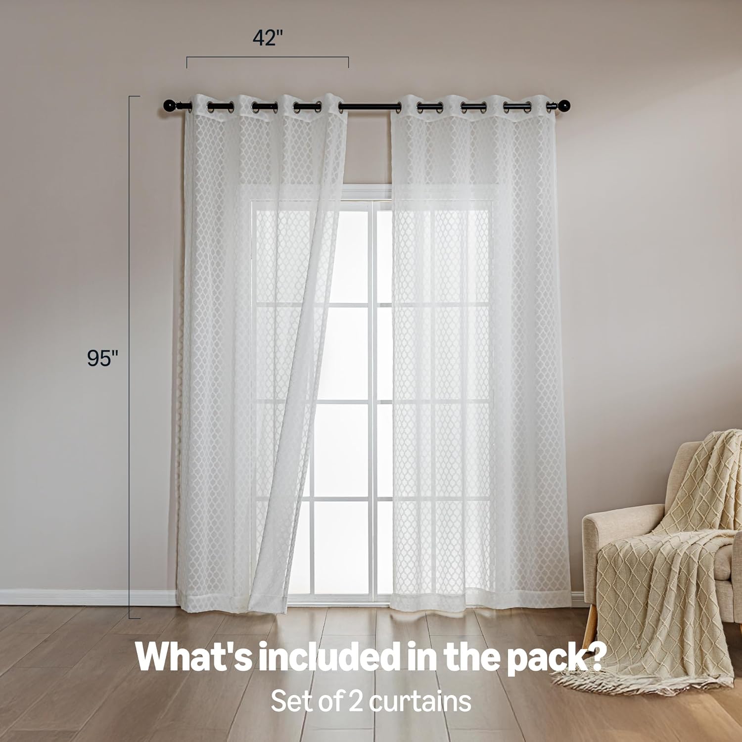 Amazon Basics Lace Sheer Curtains for Living Room and Bedroom, 2-Panel Set with Grommet, 42" W × 95" L, White Cloverleaf