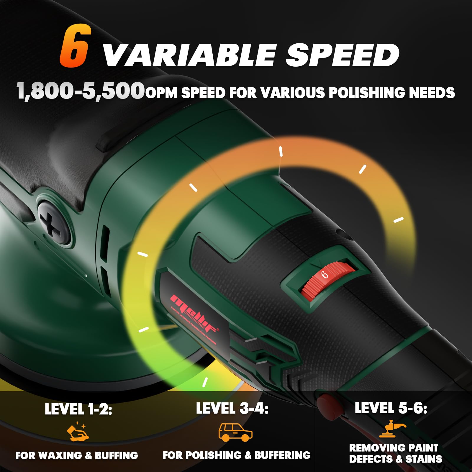 Mellif Polisher with a 6-variable speed dial, indicating speed ranges for waxing, buffing, polishing, and removing paint defects.
