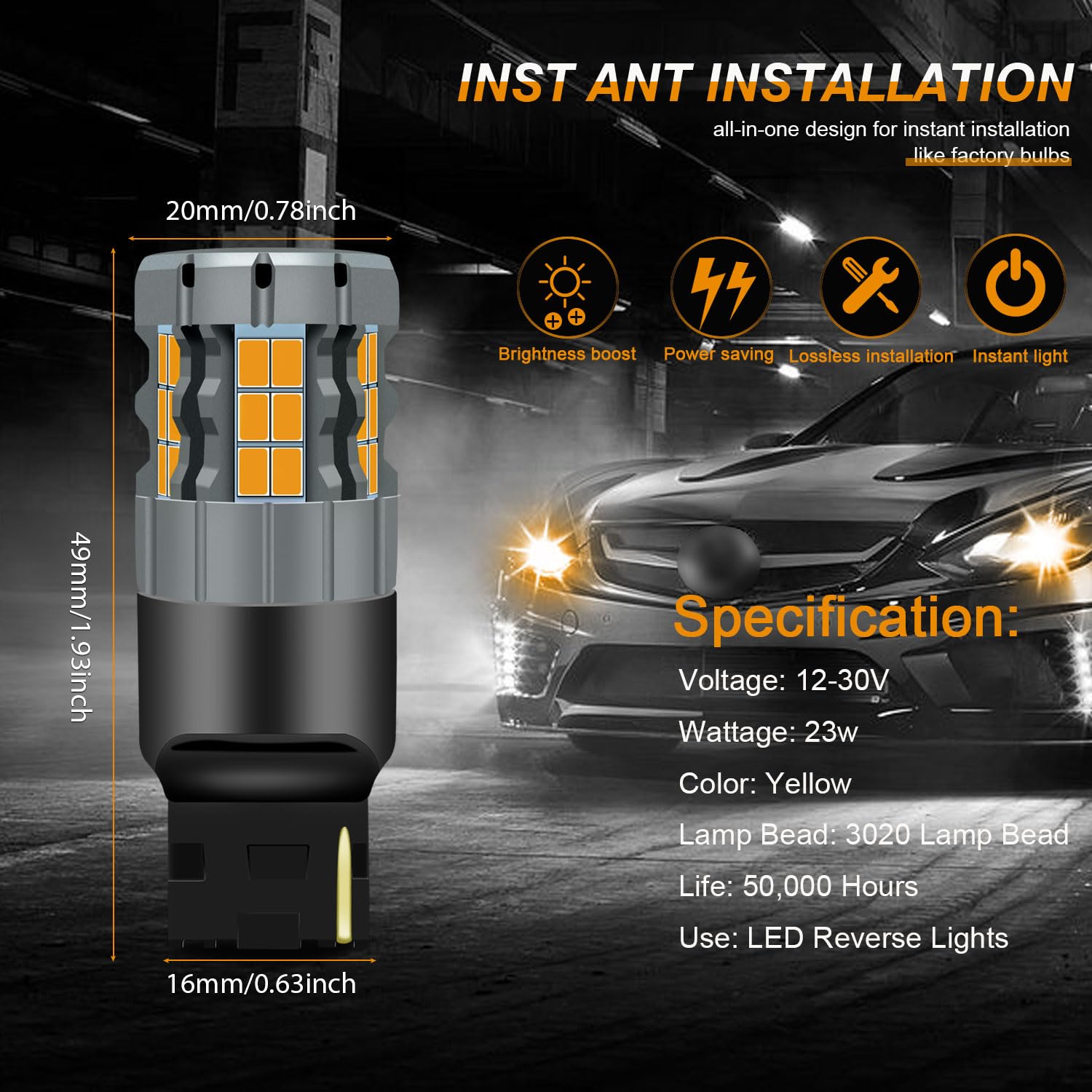 2 szt. 7440 Amber Żarówka LED, 7440A 7441 7440NA WY21W T20 Żarówki kierunkowskazów bez błędów CANBUS Anti Hyper Flash zamiennik żarówki samochodowe Super Bright Amber 30-SMD 25 W 4000 LM