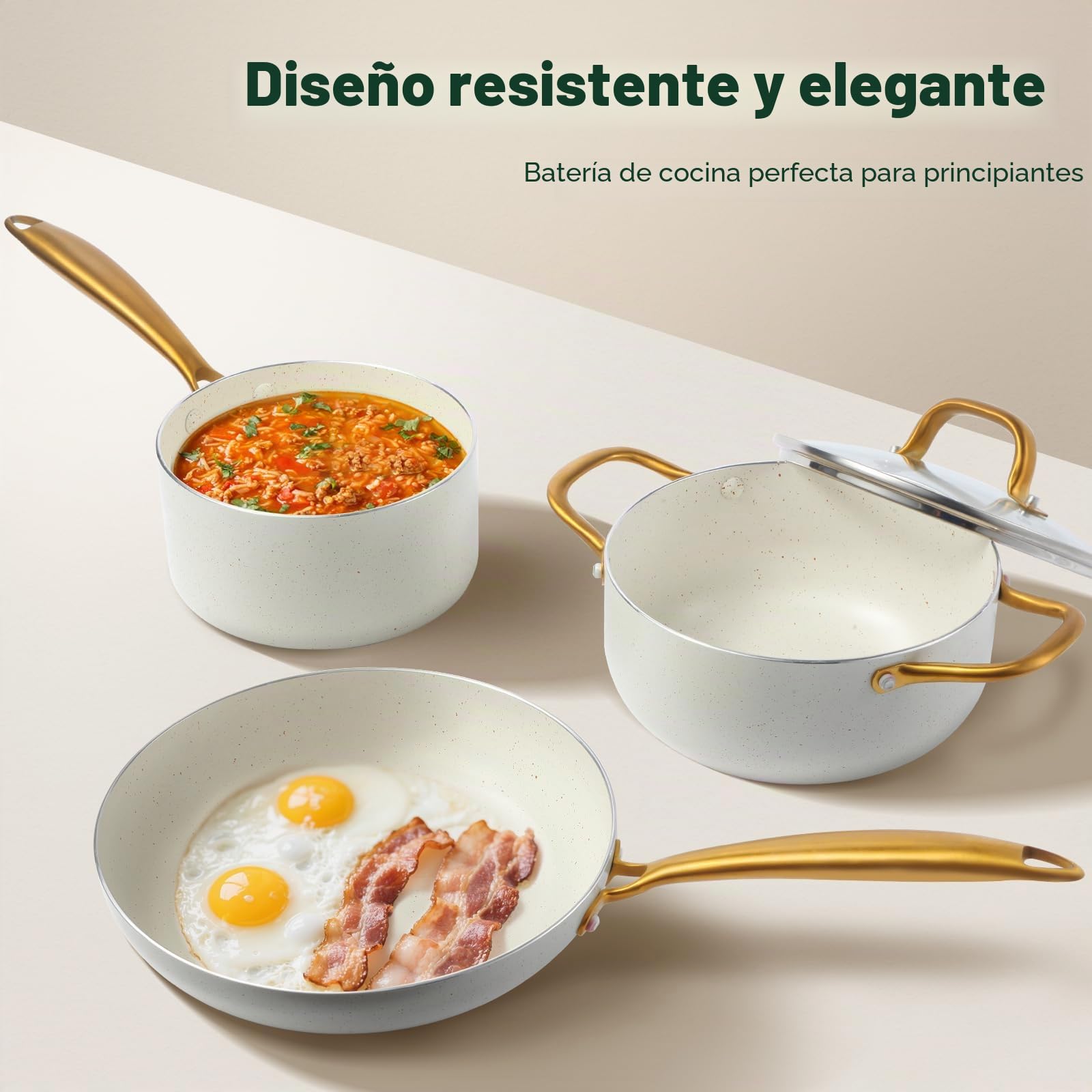 M MELENTA Juego de ollas y sartenes antiadherentes, juego de utensilios de cocina de inducción de granito blanco, juego de cocina antiadherente con mango dorado y utensilios, apto para horno (PFOS