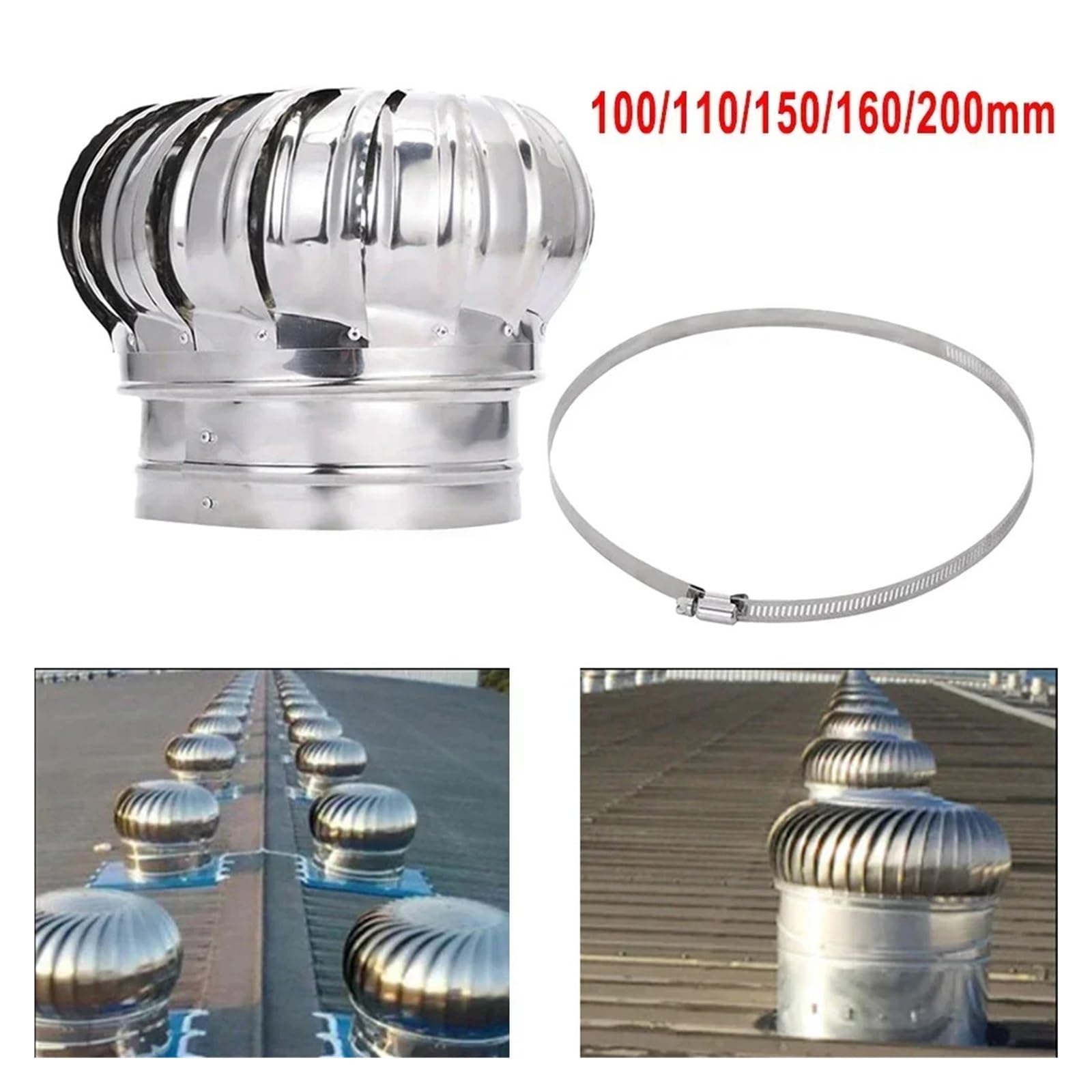 cappuccio per camino, Comignolo girevole in acciaio inox for tubi di scarico ventilazione camini 100/110/160/200mm(200 Mm)