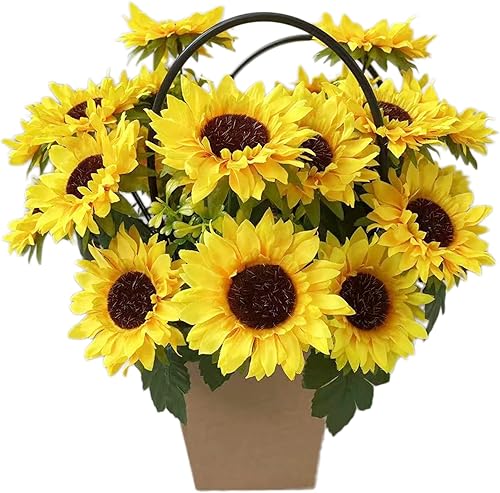 Miniatura 2 de 4 racimos de flores artificiales, ramos de girasol con tallos de seda, girasoles de seda, flores amarillas falsas para decoración de bodas,