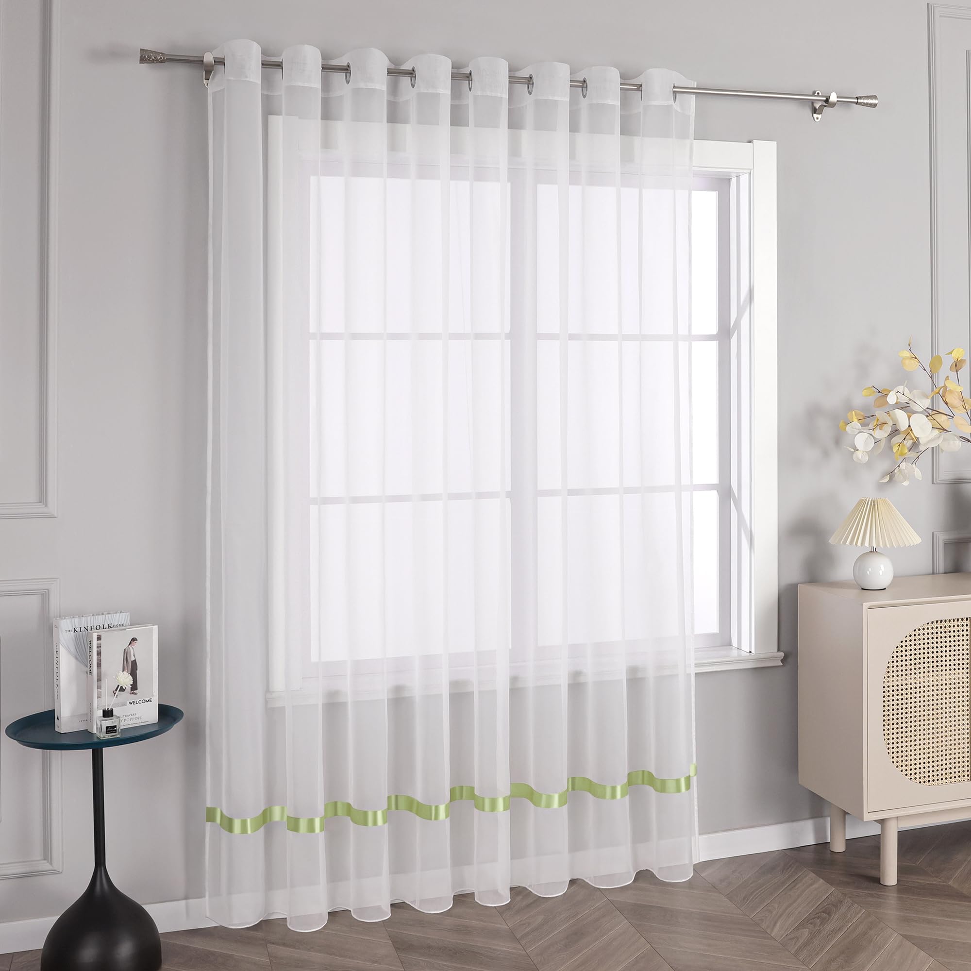 Uni Gardine mit Ösen Transparente Vorhang Weiß Stores Voile Gardine Schal Fensterschal Wohnzimmer Dekoschal mit Satinband 1 Stück BxH 450x170cm Grün