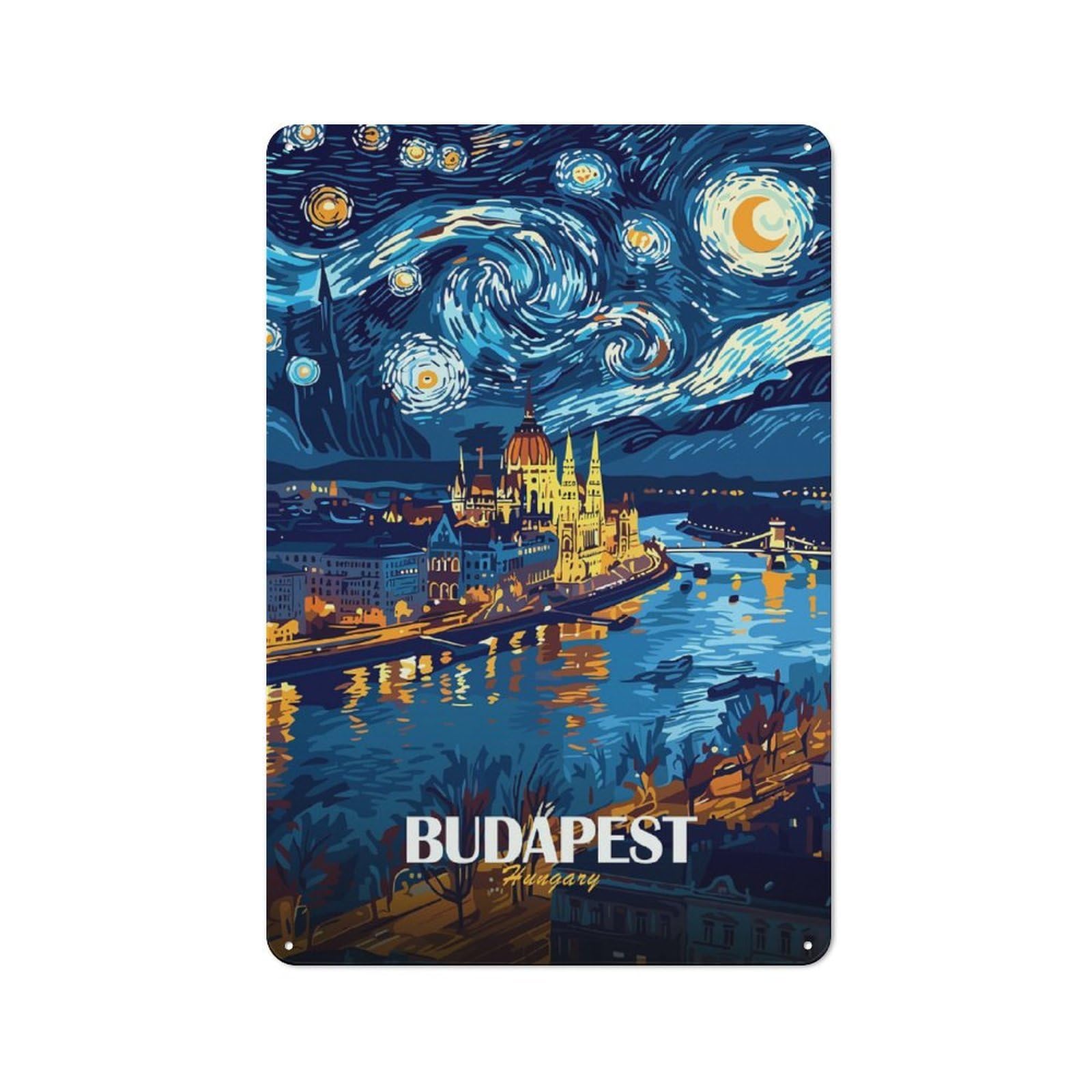 Junmoney Style-18 Budapest Hungary Starry Night Art Retro Metal Wall Decor 30X20cm, Metal Sign For Bar, Kitchen, Garage Or Games Room