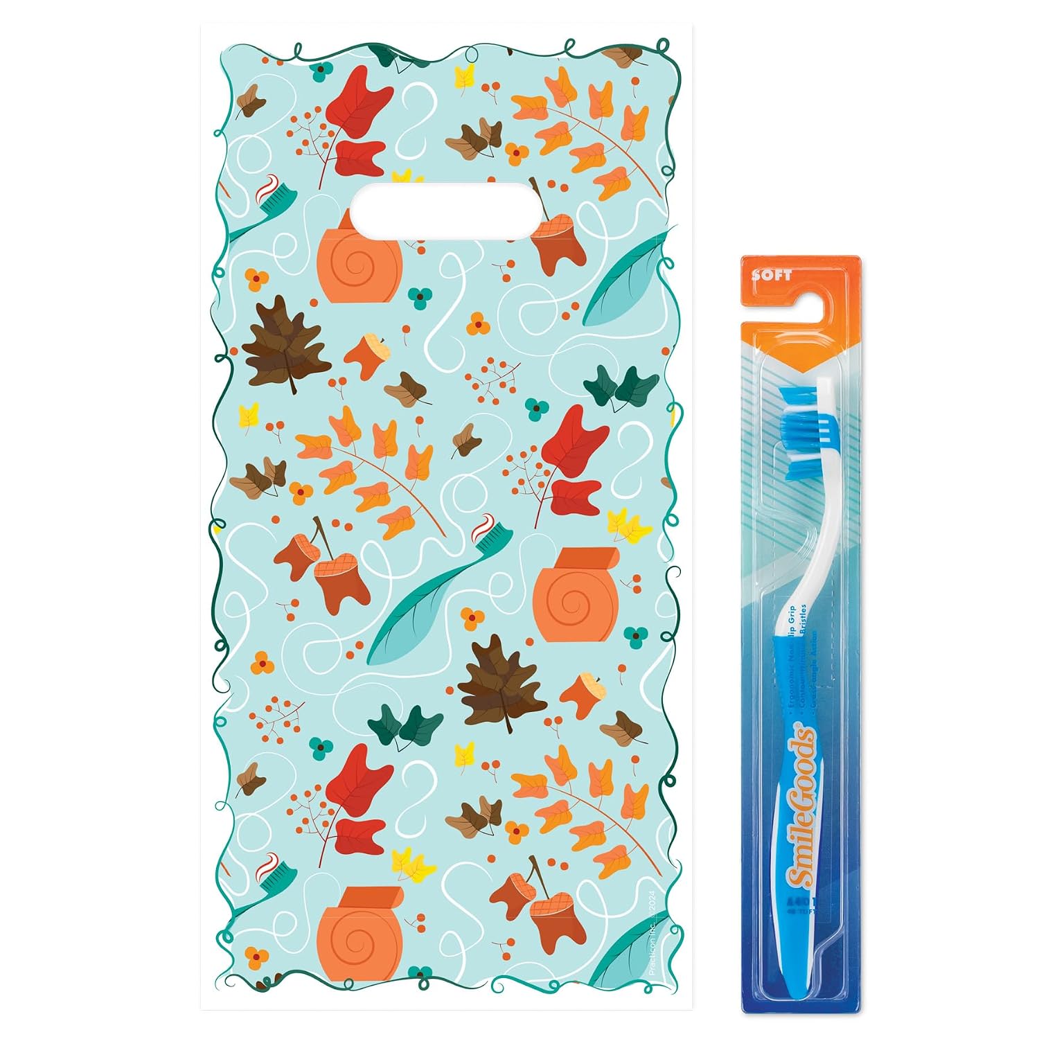 Practicon Autumn Acorn 6" x 12" Dental Giveaway Bag, Fall & Autumn Themed Bag, Dental Hygiene Patient Care Goodie Bag, Dentist Office Plastic Gift Bags, 100 Pack