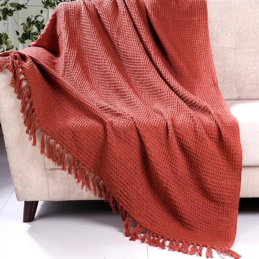 Tarantaran Waffle Weave Cotton Throw Blanket – Lightweight, Breathable & Cozy for Sofa or Bed (100% Cotton)(50X60 Inches) (Rust)