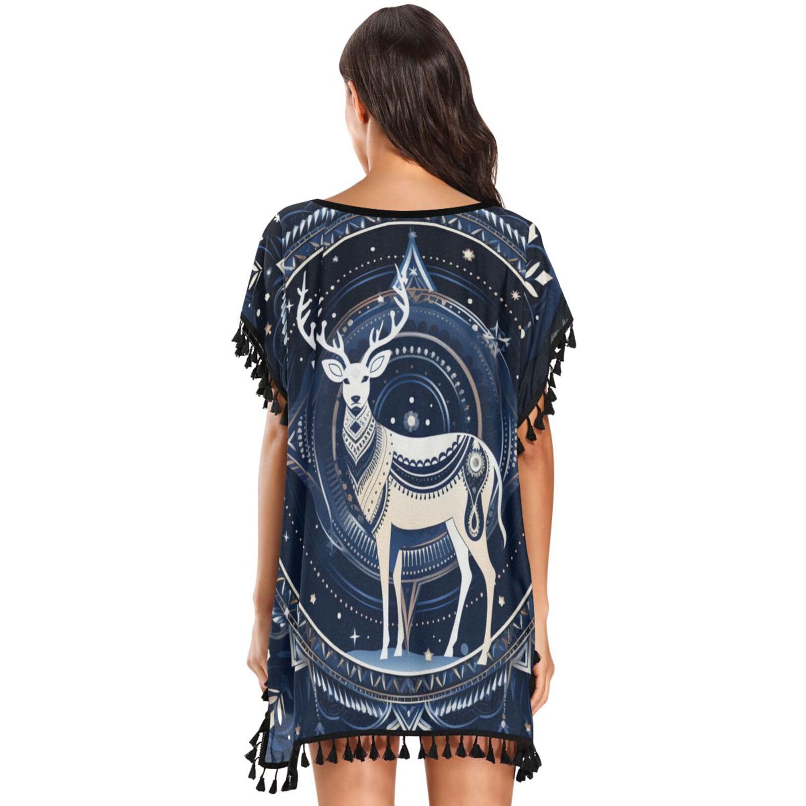 Space Art Starry Deer Women's Beach Cover Up Chiffon Tassel Swimwear Swimsuit Coverups for Girl