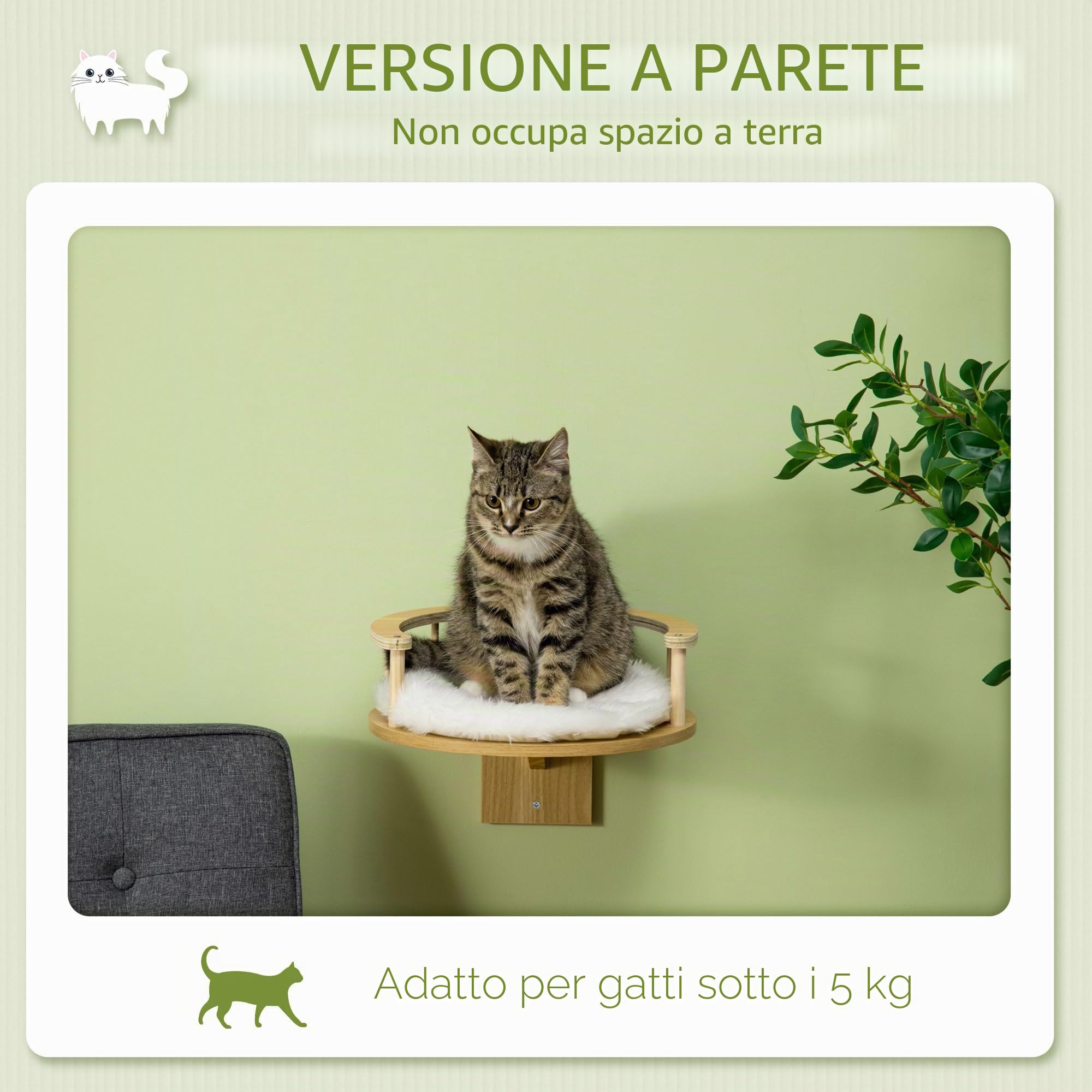 Parete di arrampicata per gatti PawHut, lettino per gatti da parete, letto per gatti da montare a parete, amaca per gatti, piattaforma per gatti con cuscino, mobili per gatti, rovere+bianco crema, Ø34
