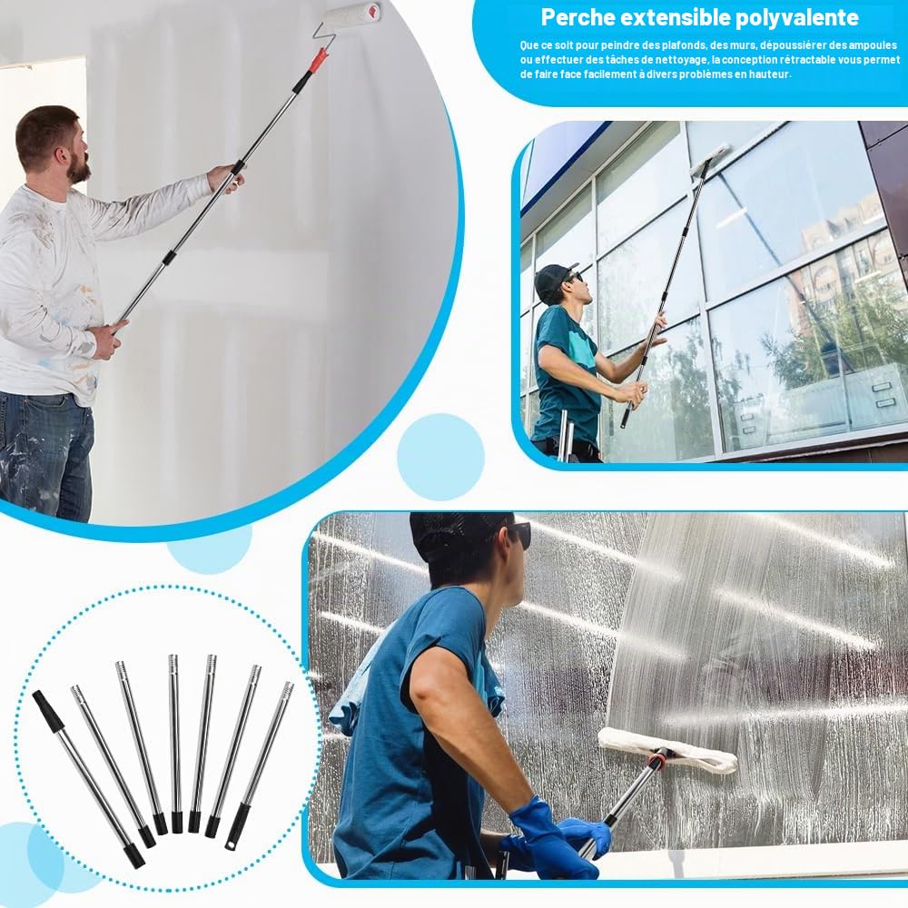 Perche d'Extension Télescopique, 260 CM Tige Télescopique pour Rouleau Peinture Rallonge pour Rouleau à Peinture Poignée d'Extension de Peinture en Acier Inoxydable pour Nettoyage de Vitres