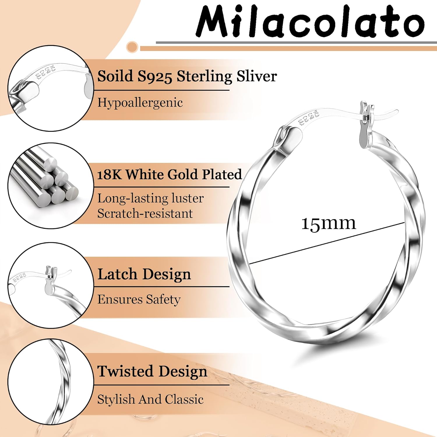 Milacolato 925 Sterling Silver Hoop Earrings for Women 18K White Gold Plated Twisted Hoop Earrings Hypoallergenic Lightweight Click-Top Big Hoop Earrings 13/15/20/25/30/40/50/60mm - Image 2