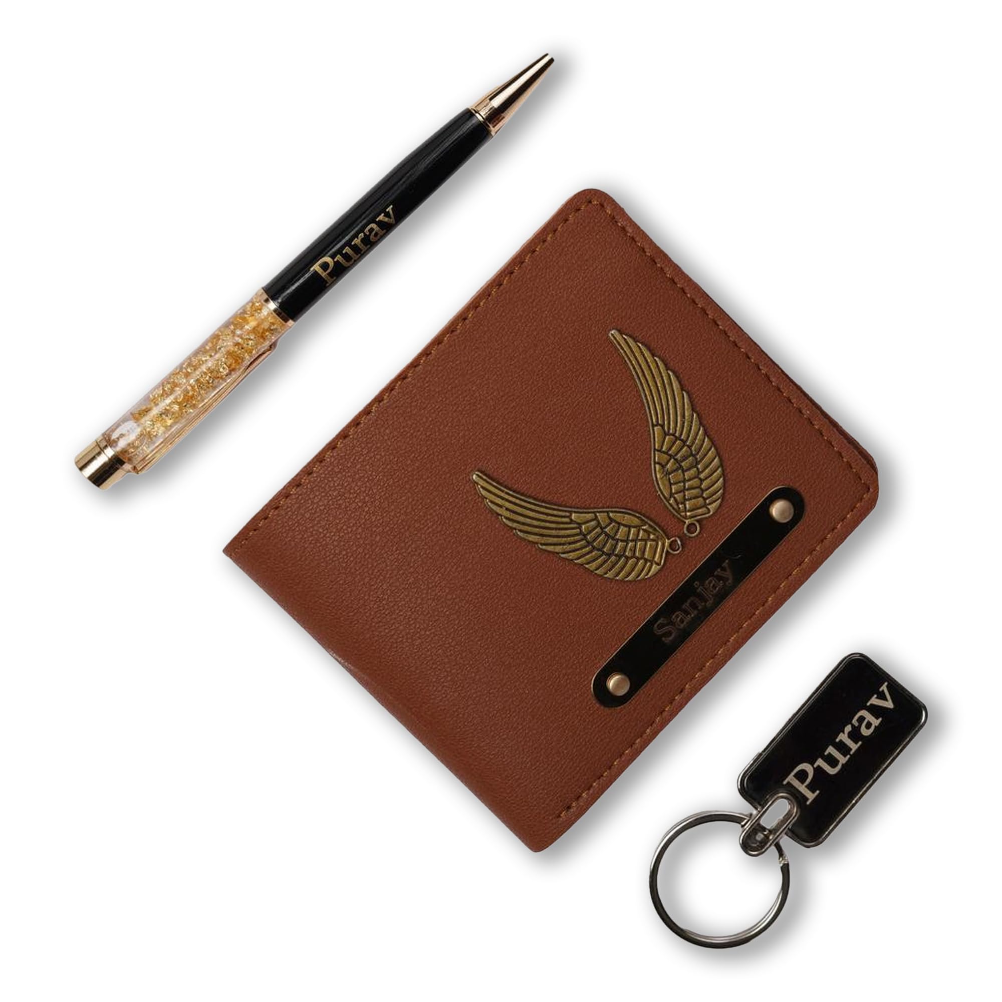 Customised Leather Wallet, Pen and Gold Metal Keychain Gifting Hamper Set for Men with Metal Name Plate, Personalized Purse Combo for Husband, Boyfriend, Birthday, Valentine-Tan-image-24