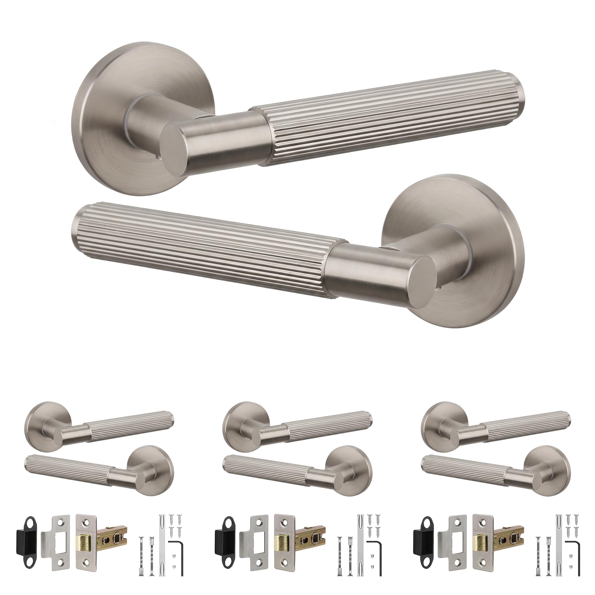 Decoranddecor Hera Satin Nickel Door Handles, Latch Kit 64mm 4 Pack | Lined Lever on Round Rose, 64mm Tubular Latch Included, Sprung Return, Fire Rated CE Latch, Internal Doors, 4 Sets