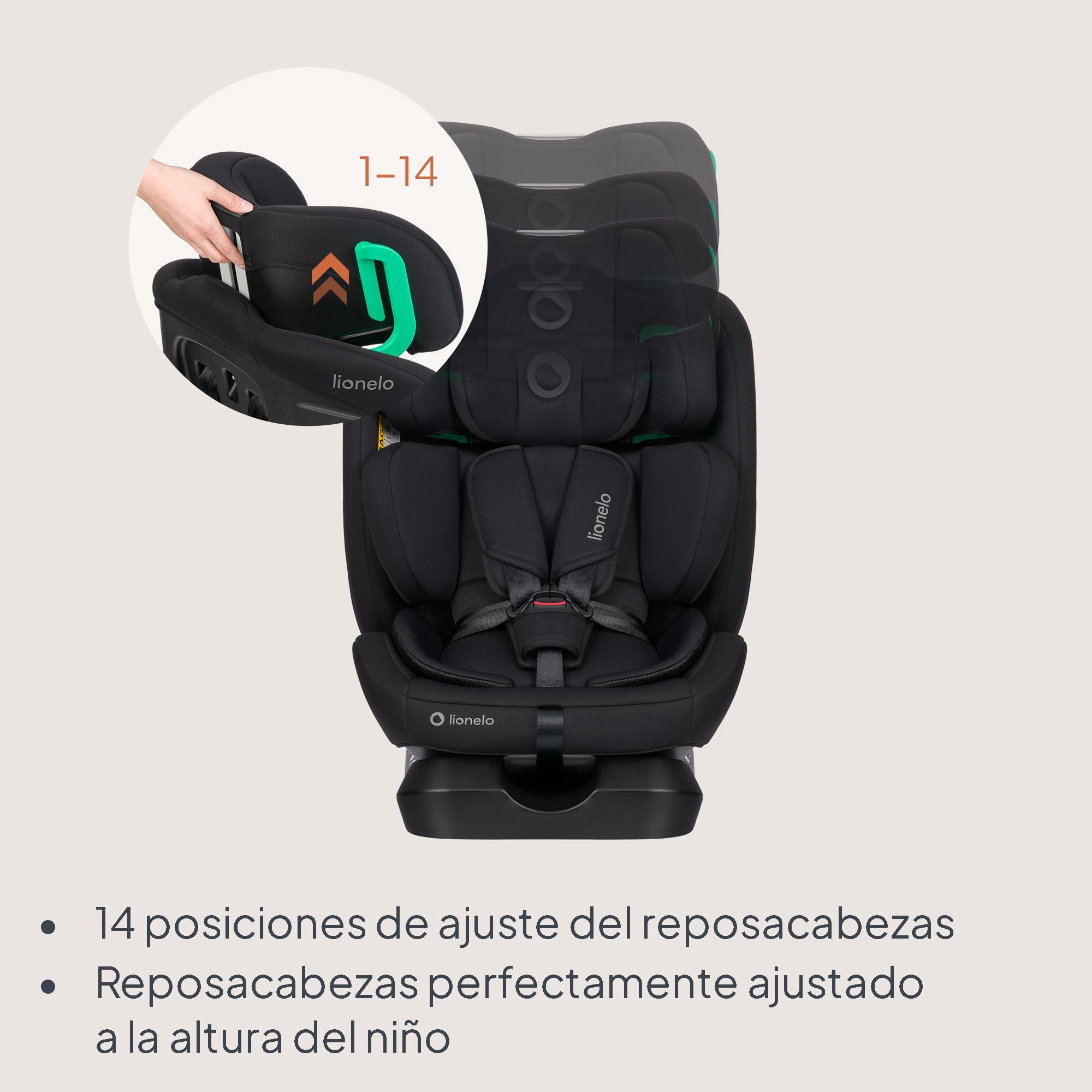 Lionelo Aart i-Size Silla De Coche, Grupo 0/1/2/3, 40-150 cm, 0-12 Años, Instalación Universal Con Cinturón, Reposacabezas Memory Foam Ajustable, a Contramarcha y a Favor de la Marcha, Funda Extraíble