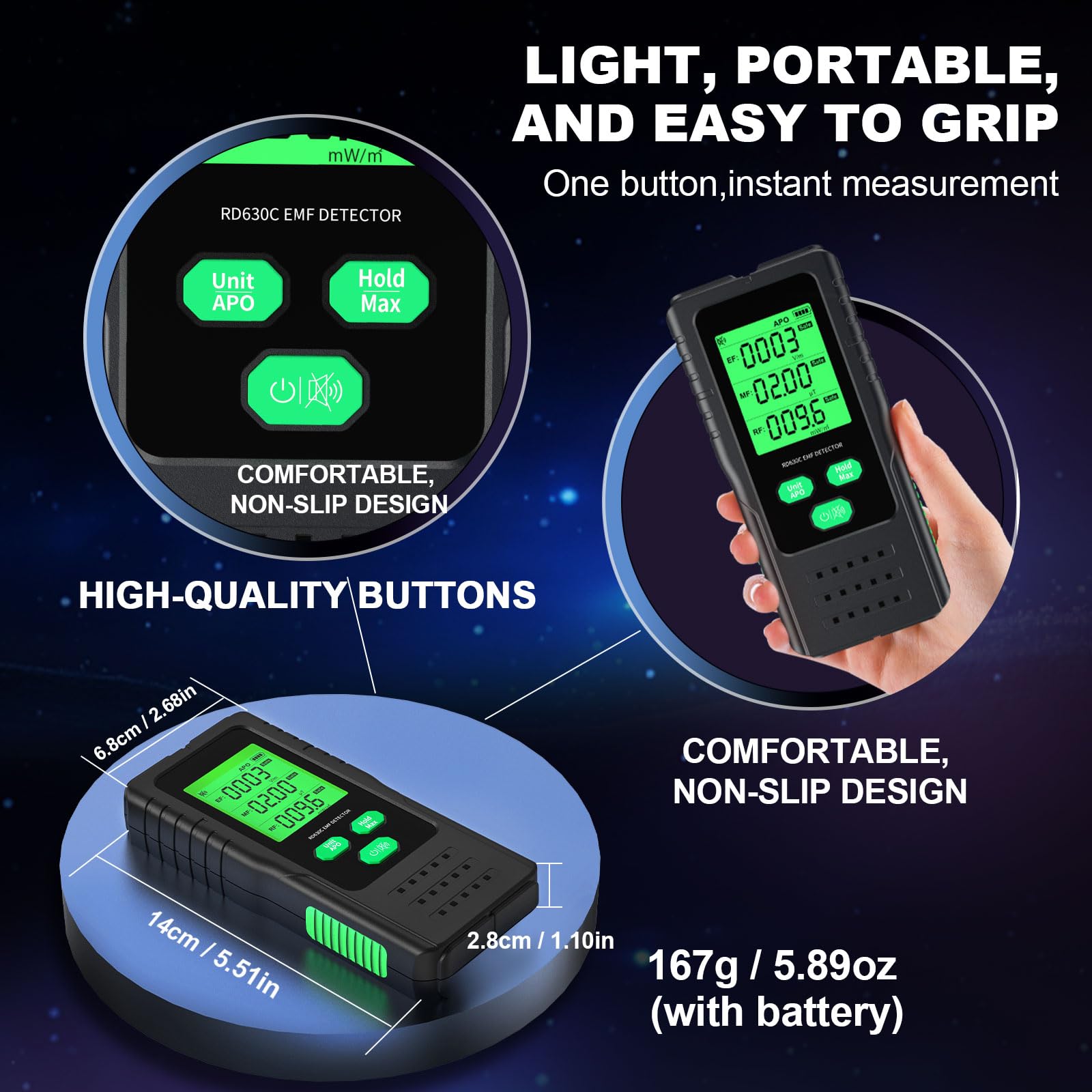EMF Messgerät 3-in-1, YOJOCK tragbarer Strahlungsdetektor für EF, MF & RF Signale, inkl. zusätzlicher Batterie und deutscher Anleitung EMF Strahlungsmessgerät für Zuhause, Büro und Outdoor (Grün)