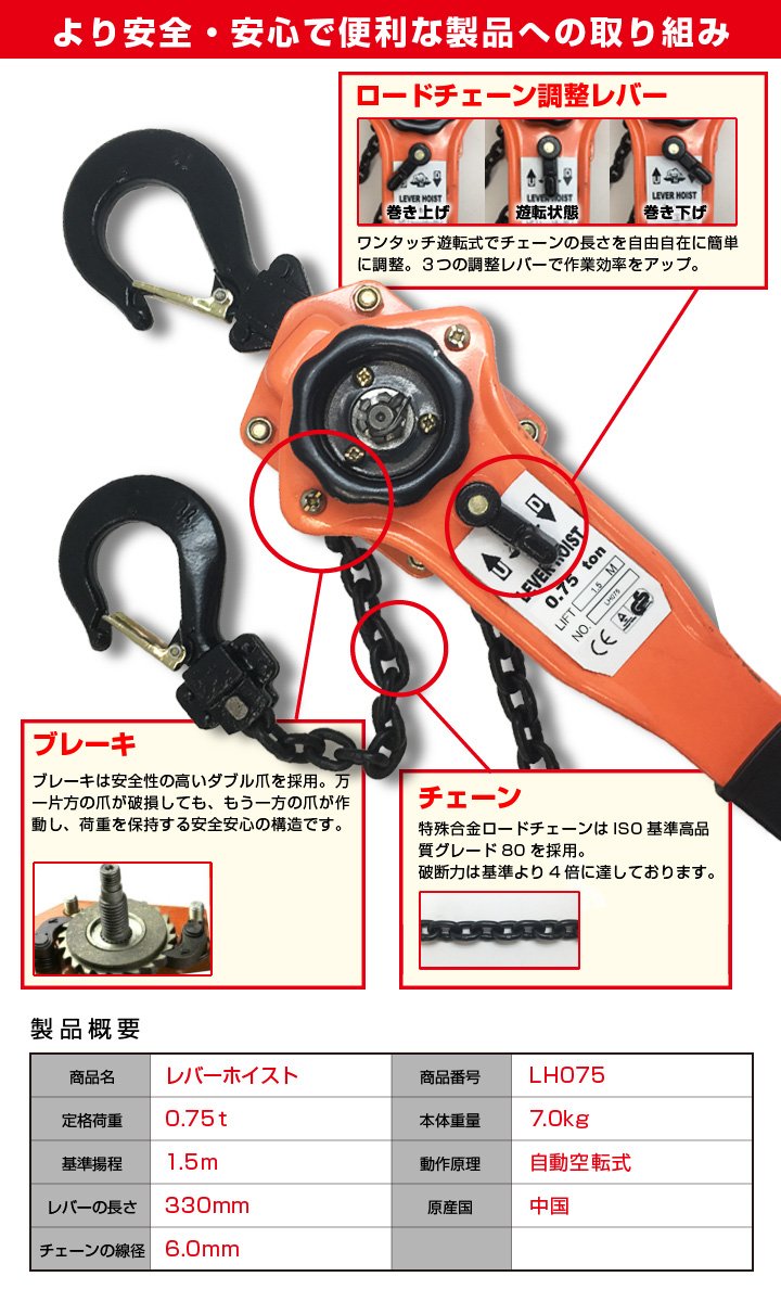 Amazon.co.jp: レバーホイスト 0.75ton (LH075) 【三金】 高品質 