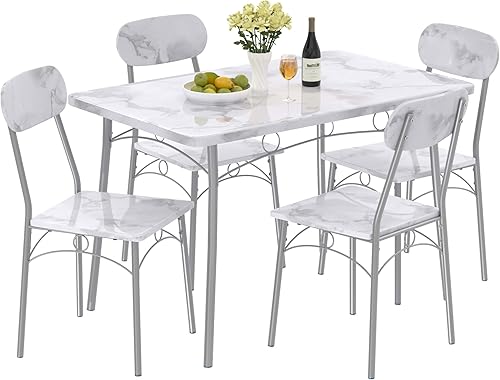 VECELO Juego de comedor de 5 piezas para cocina, rincón de desayuno y espacio pequeño, blanco, mesa y silla para 4