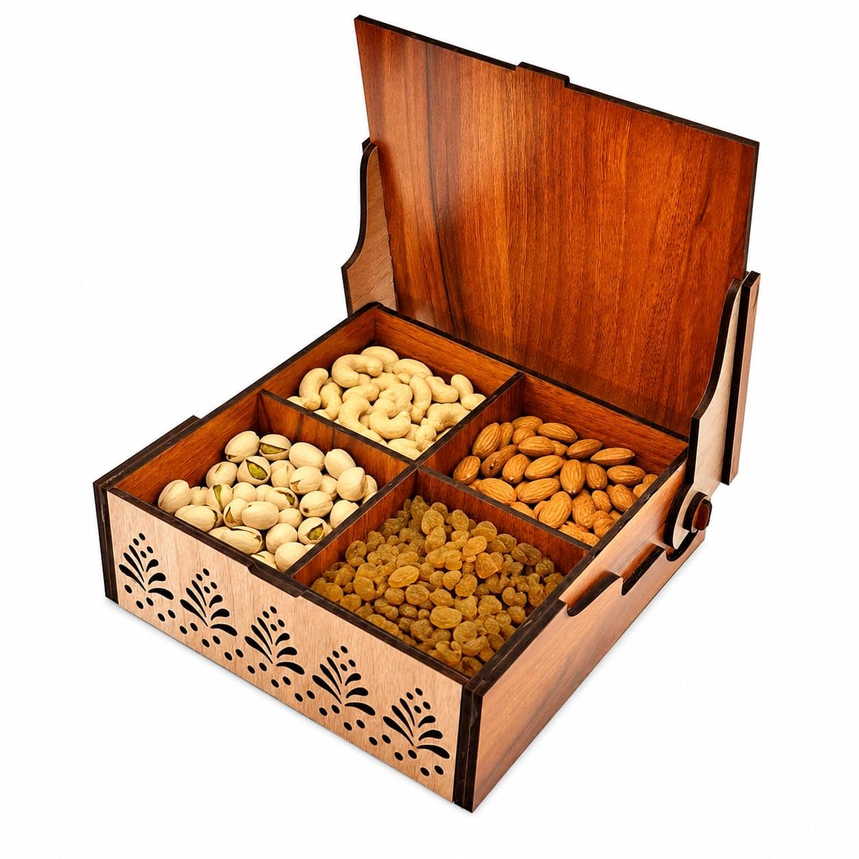 Wooden Dry Fruit Storage Box with 4 Sections, Decorative Laser Cut Snack Serving Tray for Kaju, Badam, Pista, Mixed Nuts & Chocolates | Elegant Festive Gift Box for Wedding & Corporate Gifting-image-46