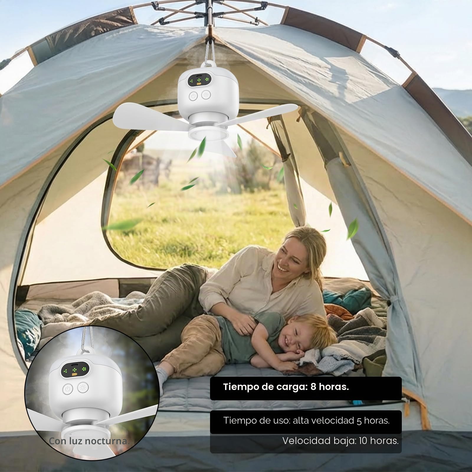 Ventilador de techo USB con luz, batería de 8000 mAh, ventilador de camping con mando a distancia, ventilador colgante silencioso de 3 velocidades, recargable para tienda de campaña, cenador