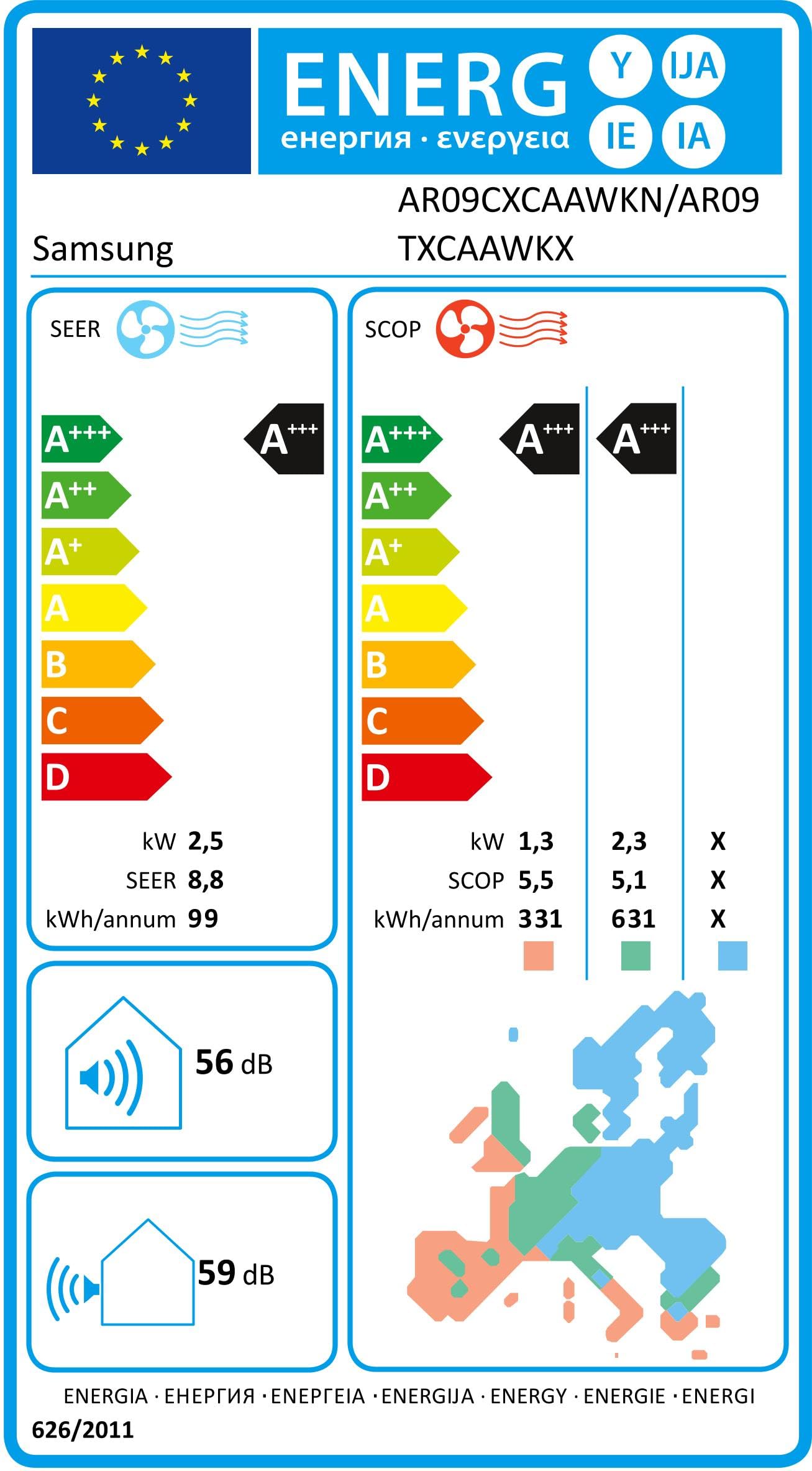 Samsung WindFree Elite, climatiseur monoplat pompe à chaleur 9000 BTU SmartThings IA WiFi, GAS R32 AR09TXCAAWKNEU+AR09TXCAAWKXEU, Efficacité énergétique A+++