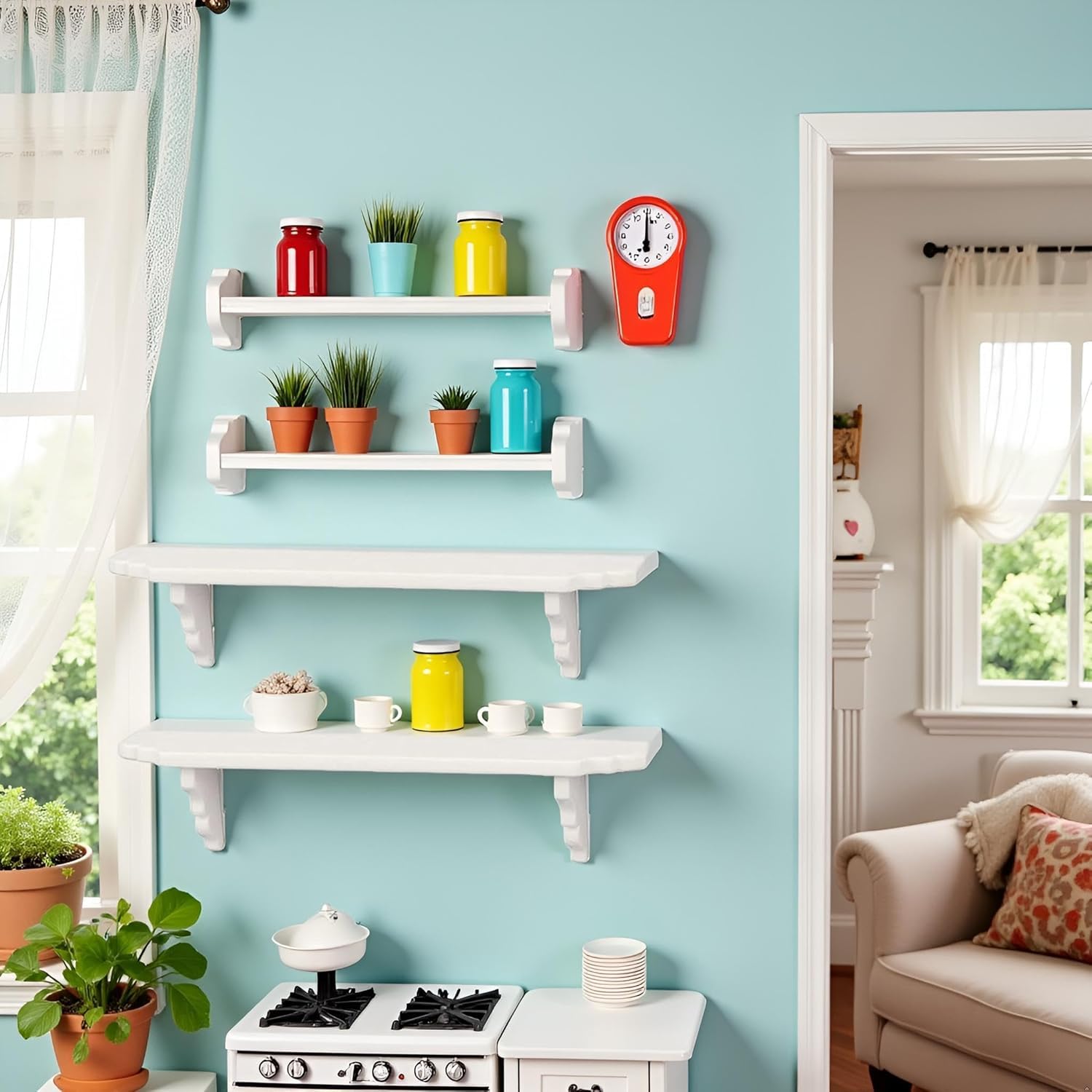 2Pcs White Dollhouse Wall Shelf, 1:12 Scale Miniature Storage Shelf for Kitchen Scene Decor Accessories, Bronze - Image 3