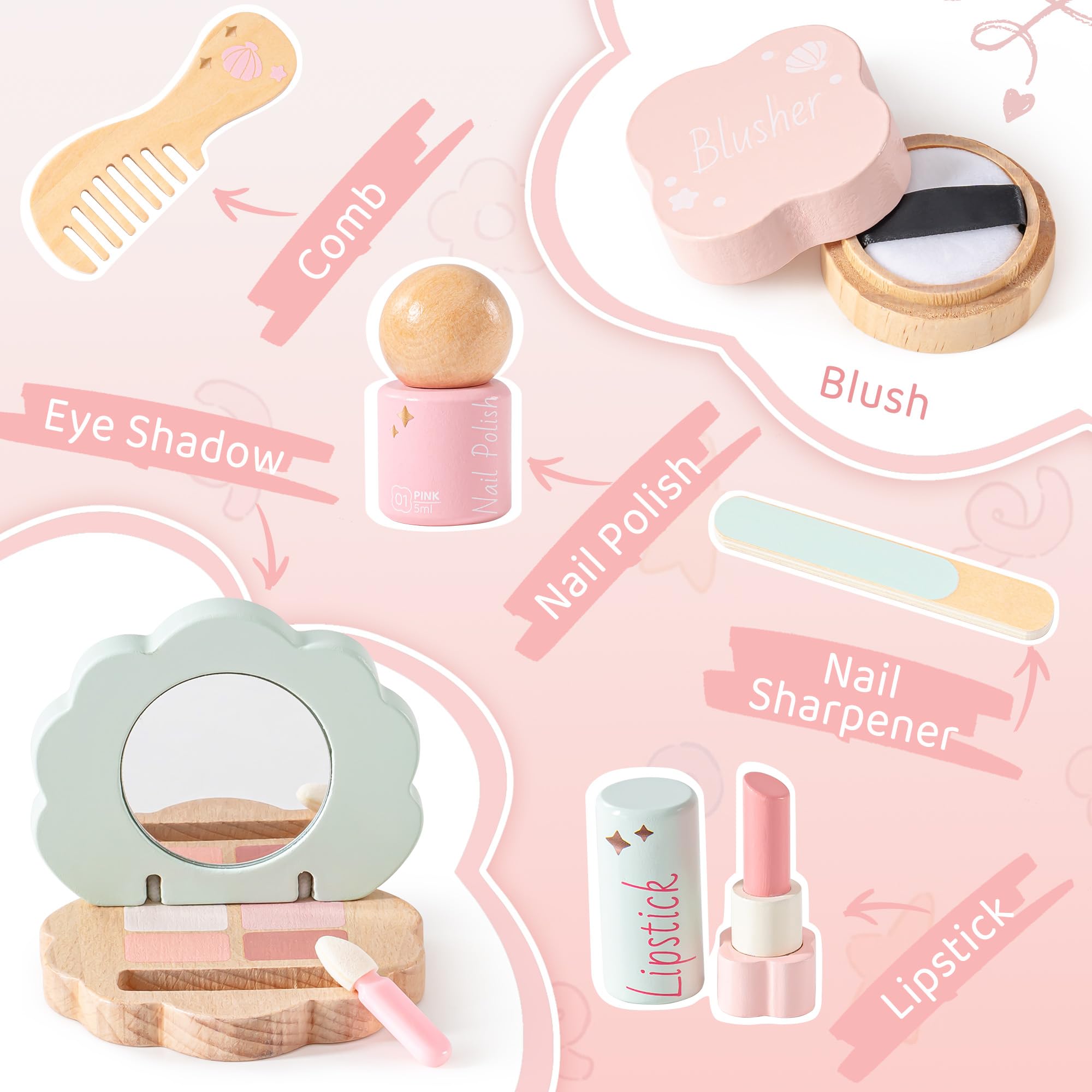 Houten make-up speelset meisjes,houten kinder make-up set