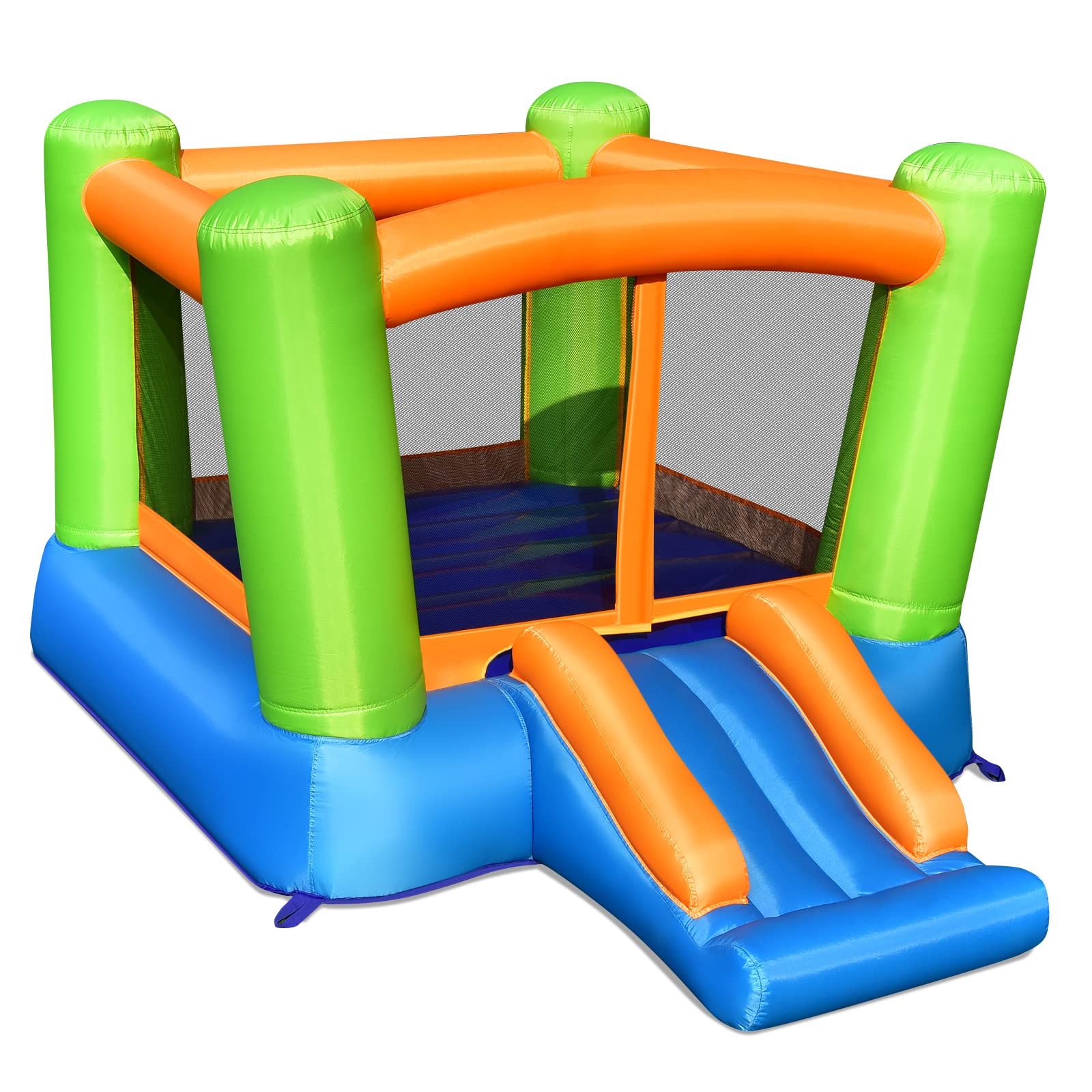 GYMAX Castello Gonfiabile, con Trampolino, Scivolo e Rete di Protezione, Aspetto Carino per Bambini da 3 a 10 Anni, Adatto a Interni ed Esterni