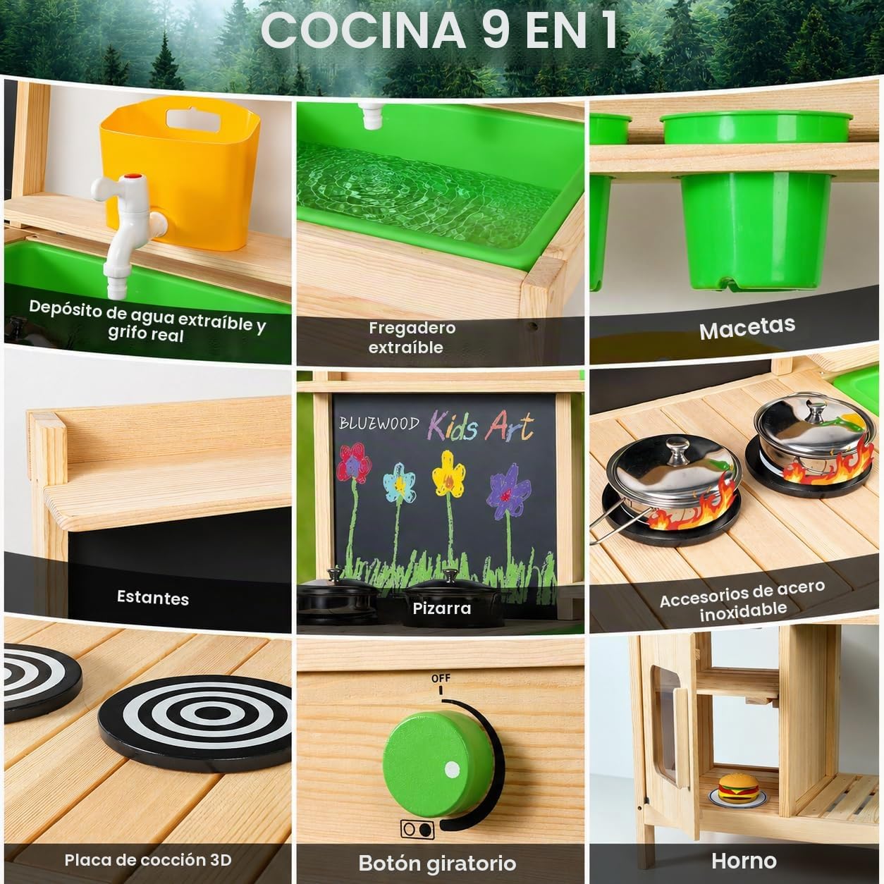 Cocina de Juguete de Madera para Niños | Cocina Exterior Infantil BlueWood | Grifo Funcional, Fregadero Grande, Estantes y Accesorios | Juego Educativo al Aire Libre